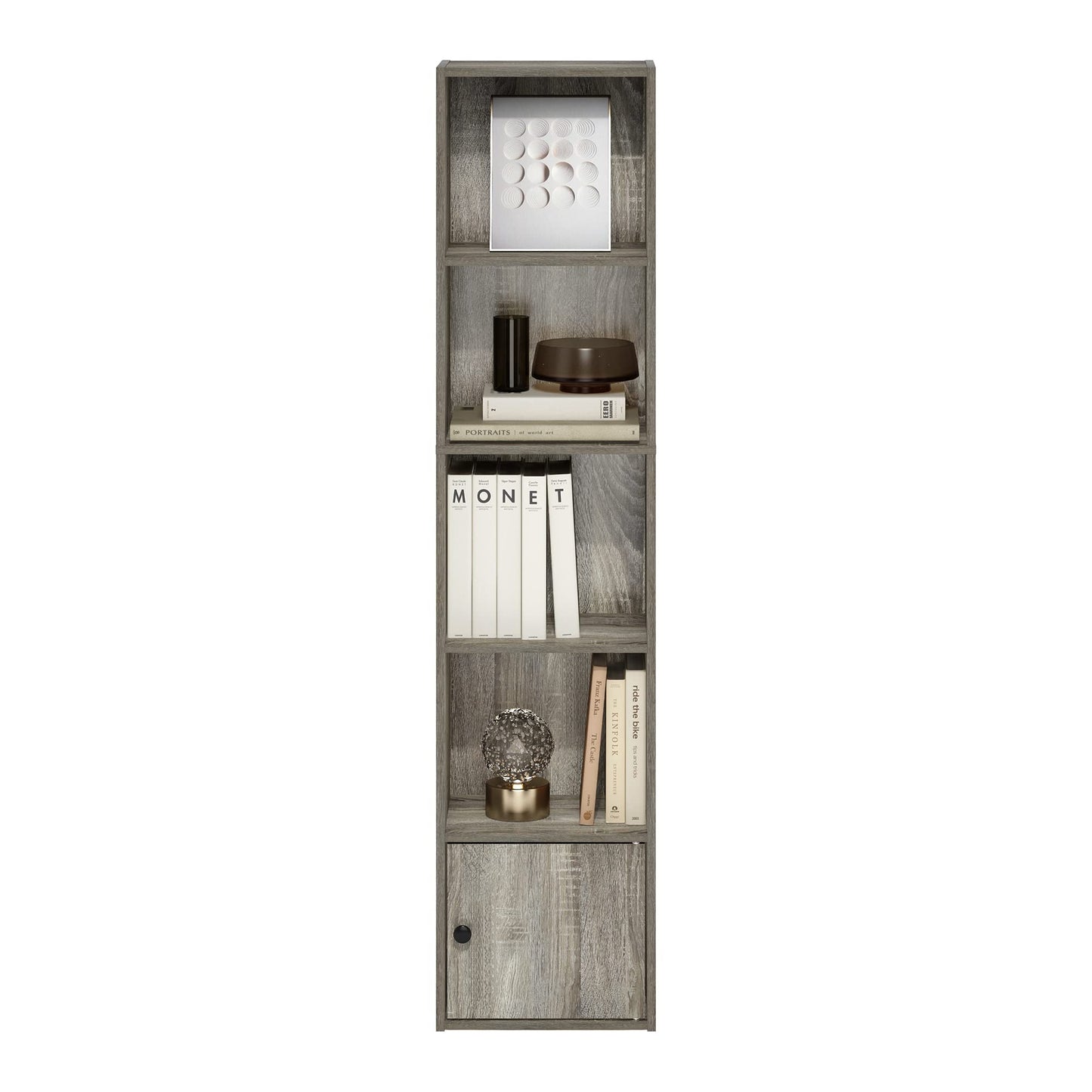 Furinno LUDER Book Shelf, 5-Tier Modern Bookshelf, Bookcase with 1 Door Storage Cabinet, 9.3 x 12 x 52, for Living Room, Bedroom, Home Office