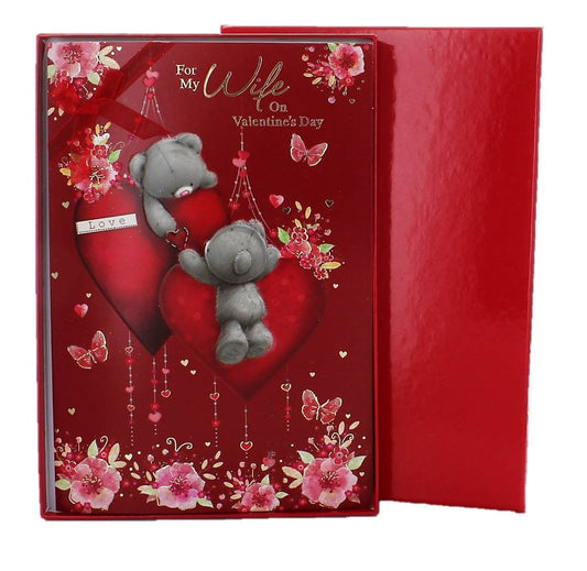 Wife Valentine's Day Card & Red Box - Grey Bears, Big Hearts & Flowers 10" x 7"