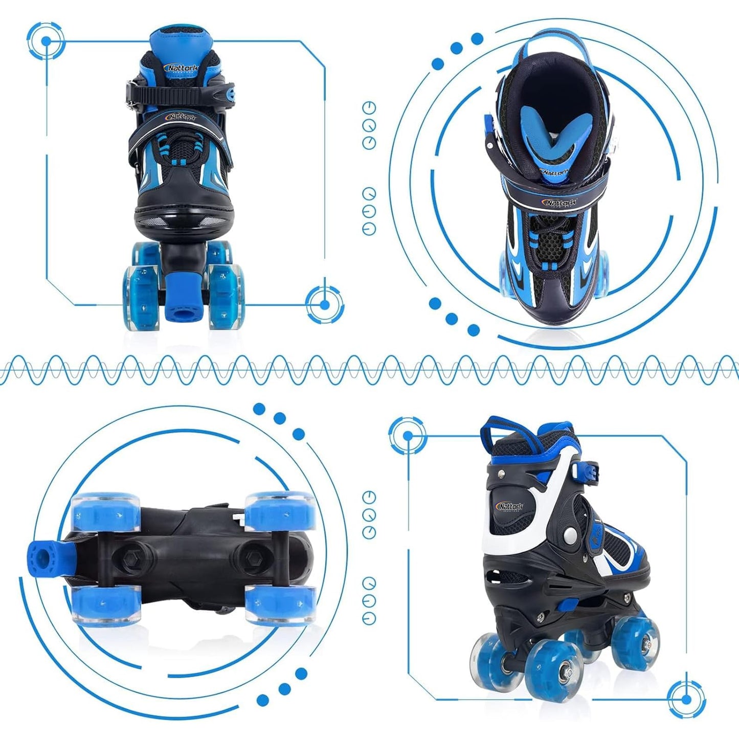 Nattork Kids Roller Skates for Boys Girls, 4 Sizes Adjustable Roller Skates with All Light up Wheels, Full Protection for Children's Indoor Outdoor