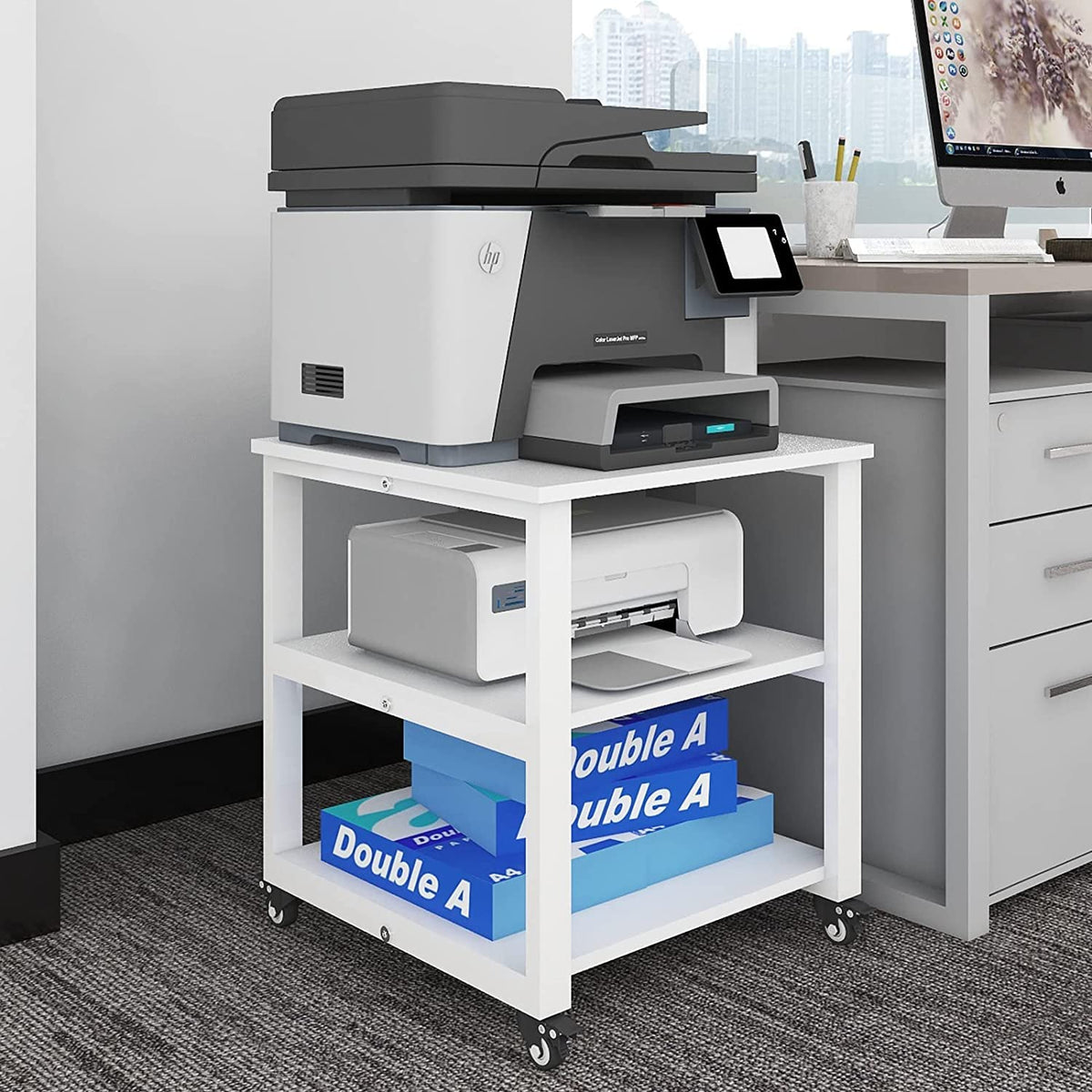 PUNCIA 3-Tier Laser Printer Stand with Storage 50x50x57.5cm Large Printer Table on Wheels Under Desk Storage Trolley Heavy Duty Rolling Cart Movable