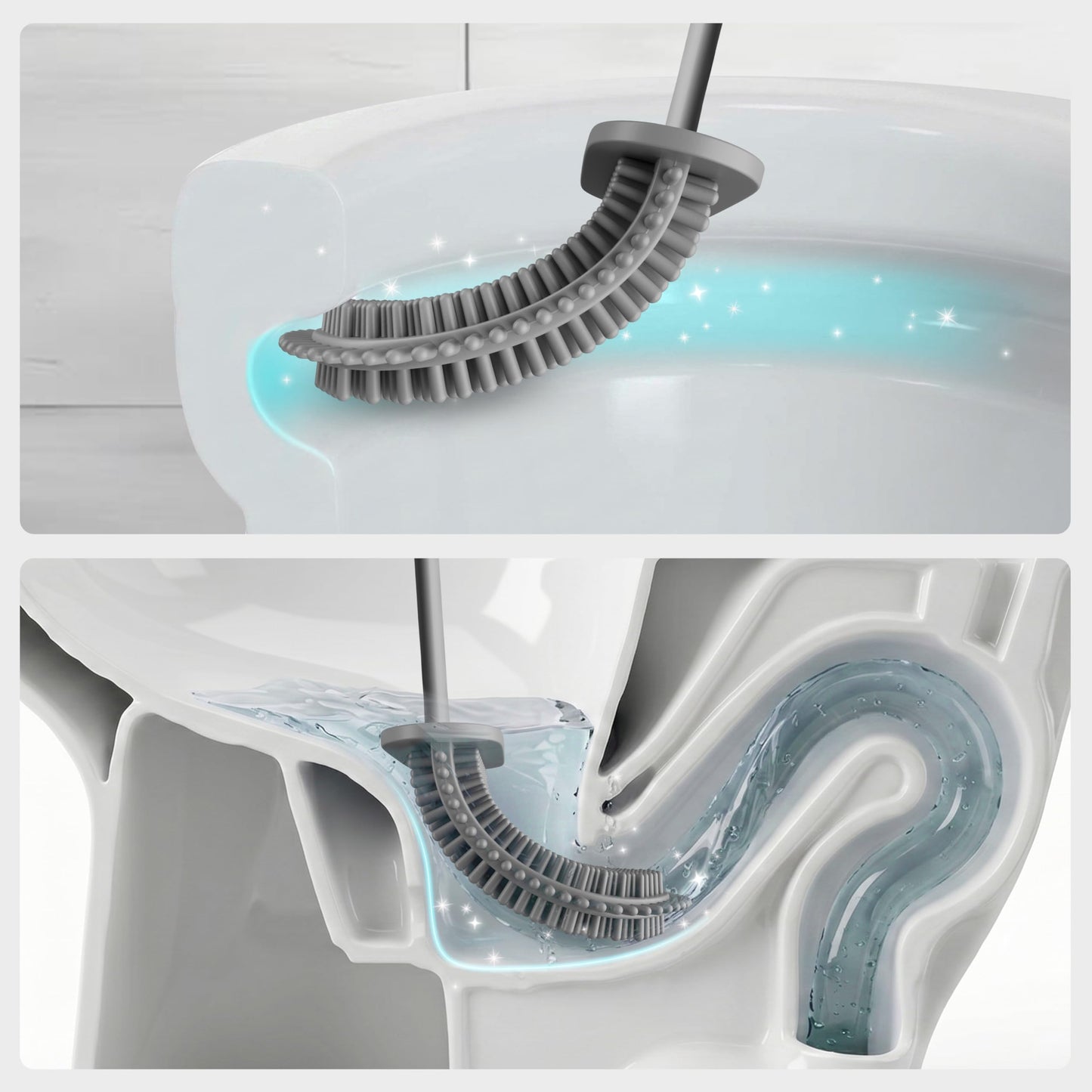 Silicone Toilet Brush with Holder Set Pack of 2 - Flat Flexible Head Under-Rim Clean Where Others Miss, Non-Stick Easy Rinse, Drip-Free Holder