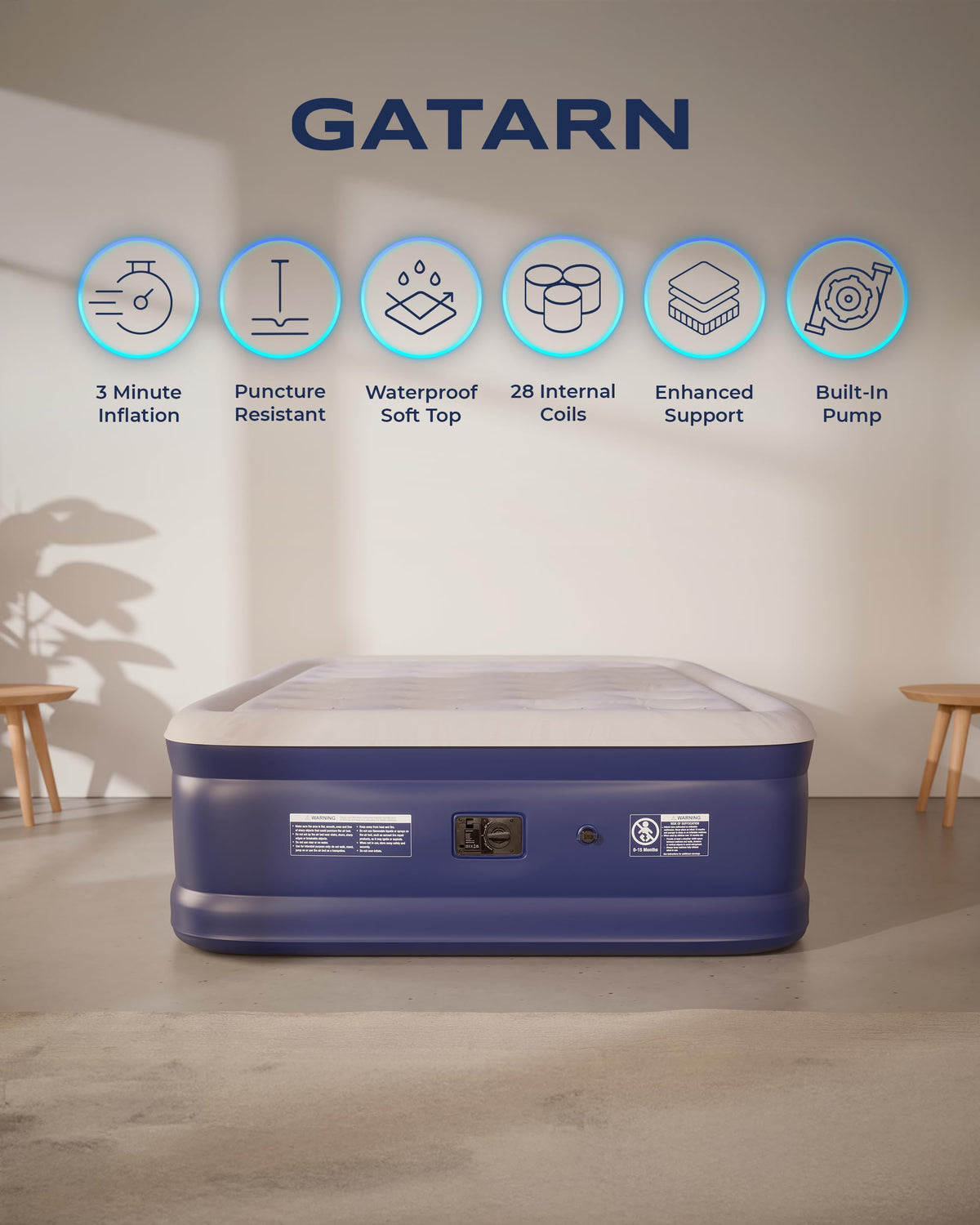 Gatarn Double Inflatable Mattress, Air Bed with a Built-in Electric Pump, Self-Inflation/Deflation Blow Up Airbed for Guest, Camping & Home Use