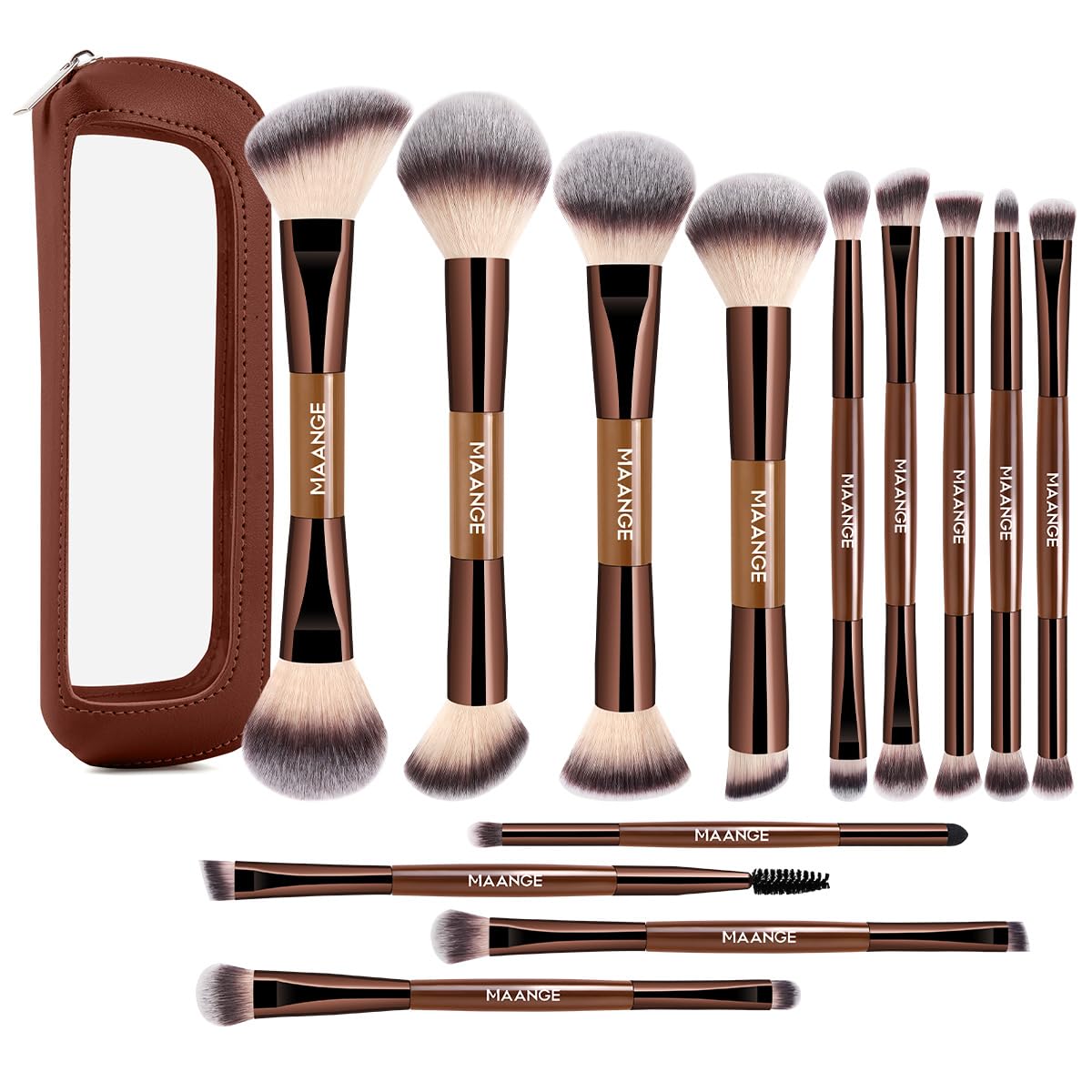 MAANGE13Pcs Makeup Brushes with Case, Professional Vegan Makeup Brush Set for Foundation, Powder, Eyeshadow, Dual-Ended Face Brushes, Coffee Gold