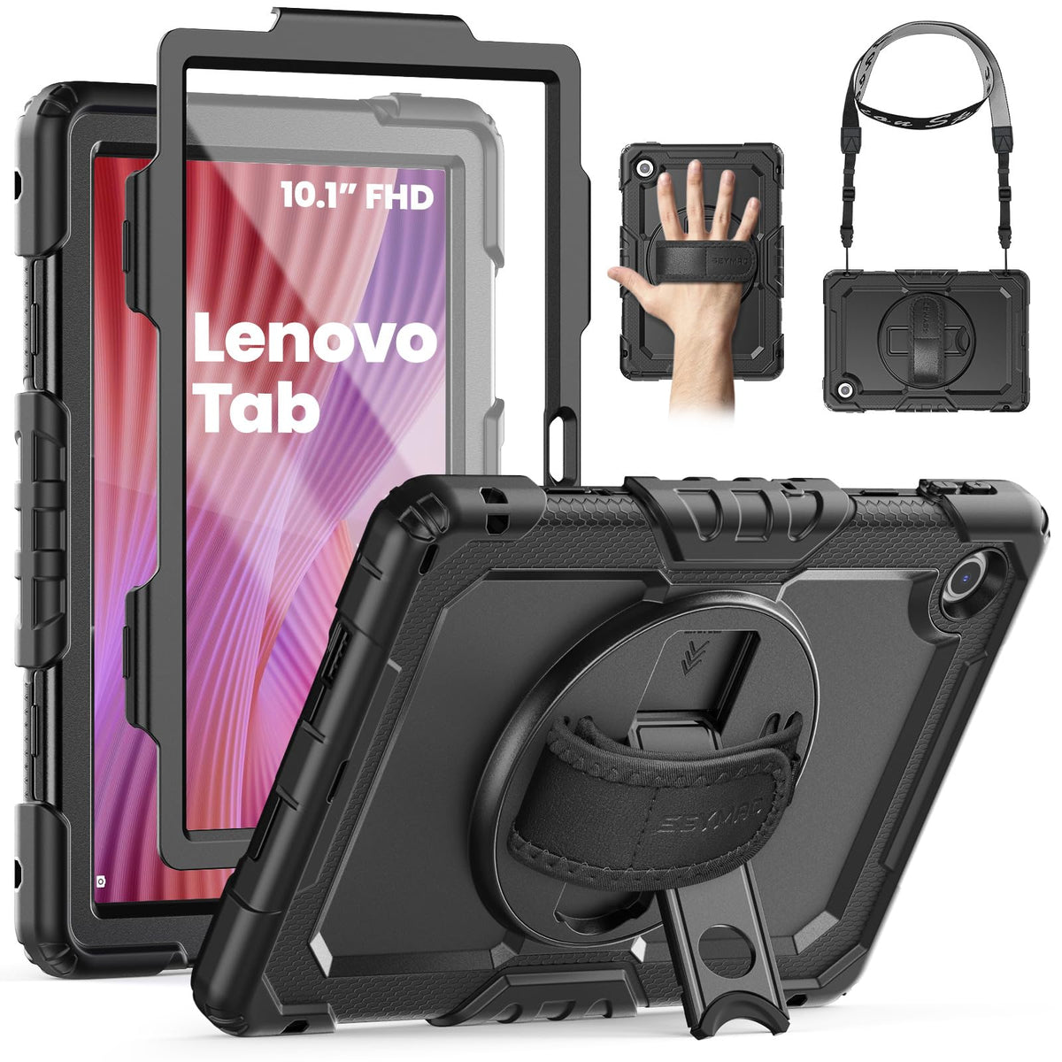 SEYMAC Case for Lenovo Tab 10.1 inch 2025 (TB-311FU/TB-311XU), Shockproof Cover with Screen protector, 360? Rotating stand, Hand strap, Shoulder strap