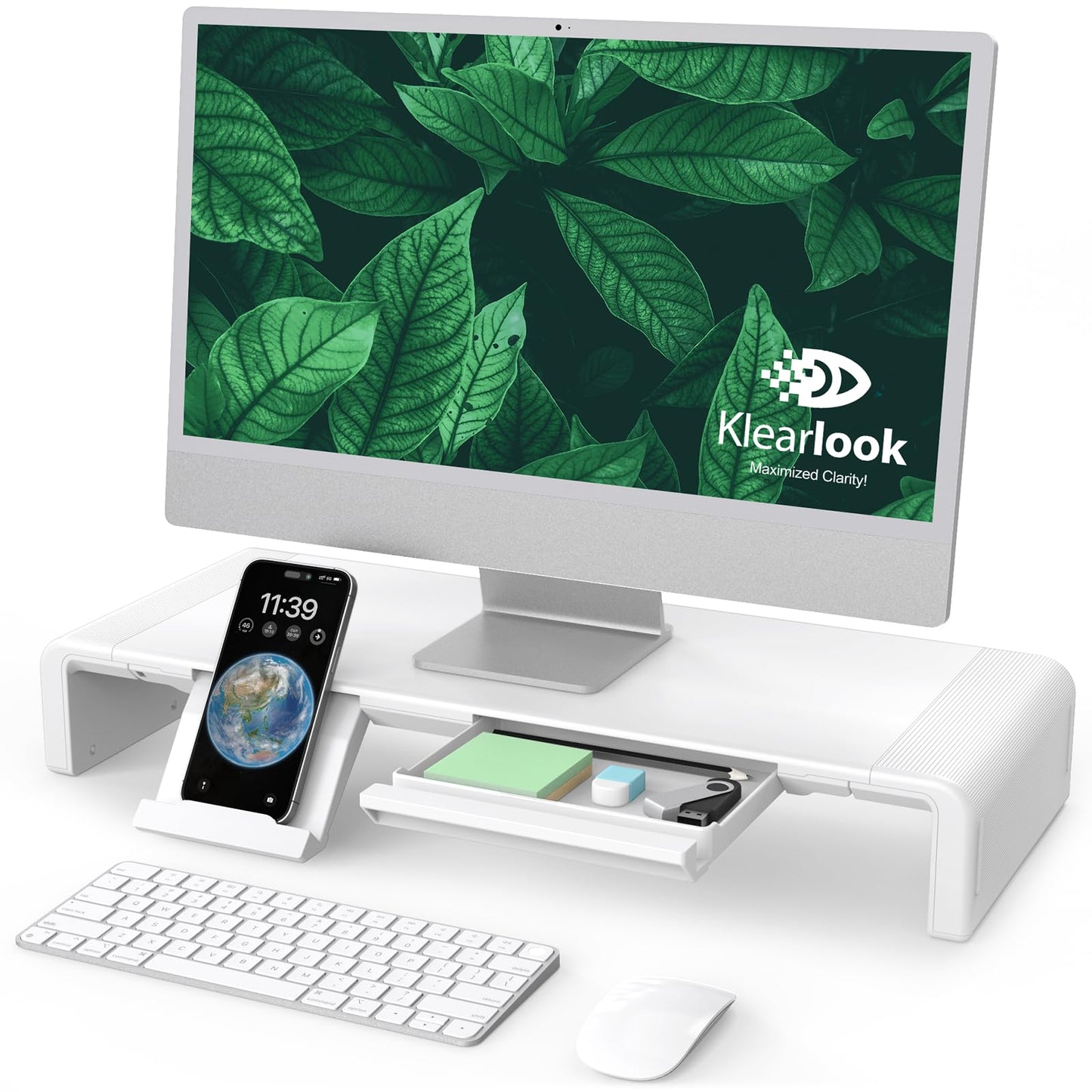 Foldable Monitor Stand - Klearlook Computer Monitor Riser with Storage Drawer&Tablet Phone Stand| Width Adjustable Monitor Stands for Desks| Desk