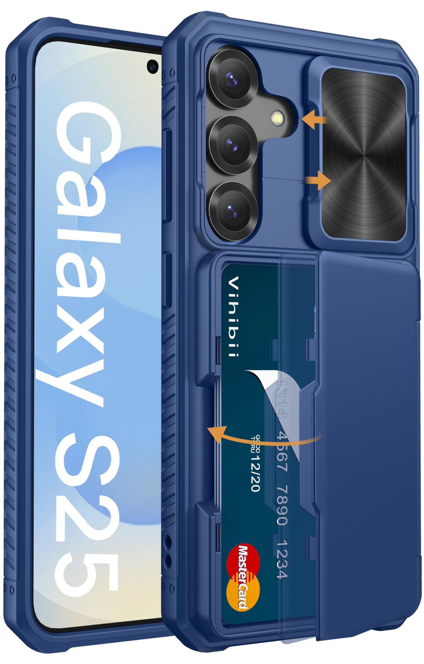 Vihibii for Samsung Galaxy S25 Case with Card Holder (4 Cards), [RFID Blocking] & Slide Camera Cover & Raised Edge Protect Screen, Shockproof Rugged