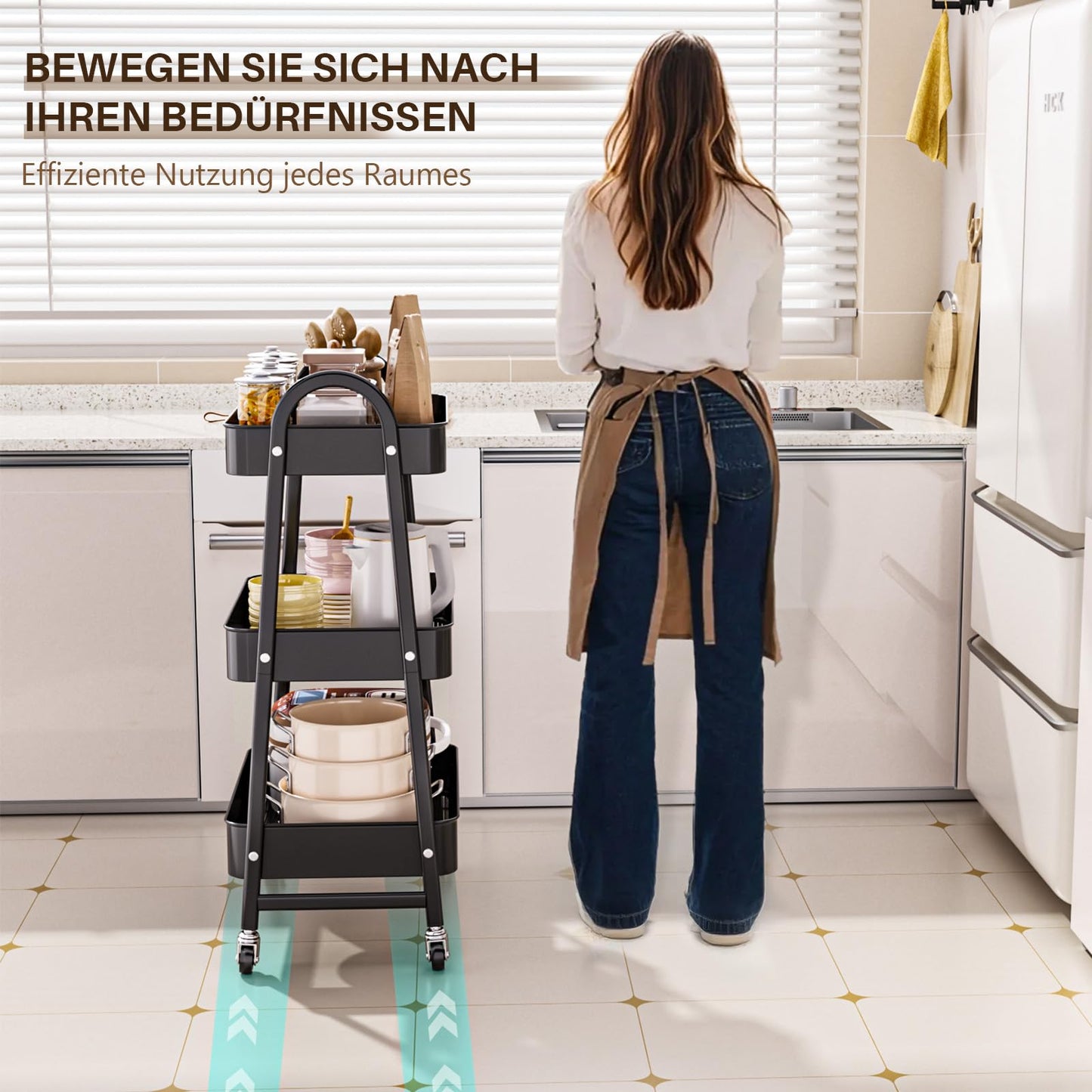 StowBin 3 Tier Metal Rolling Cart Kitchen Storage Cart with Wheels - Black
