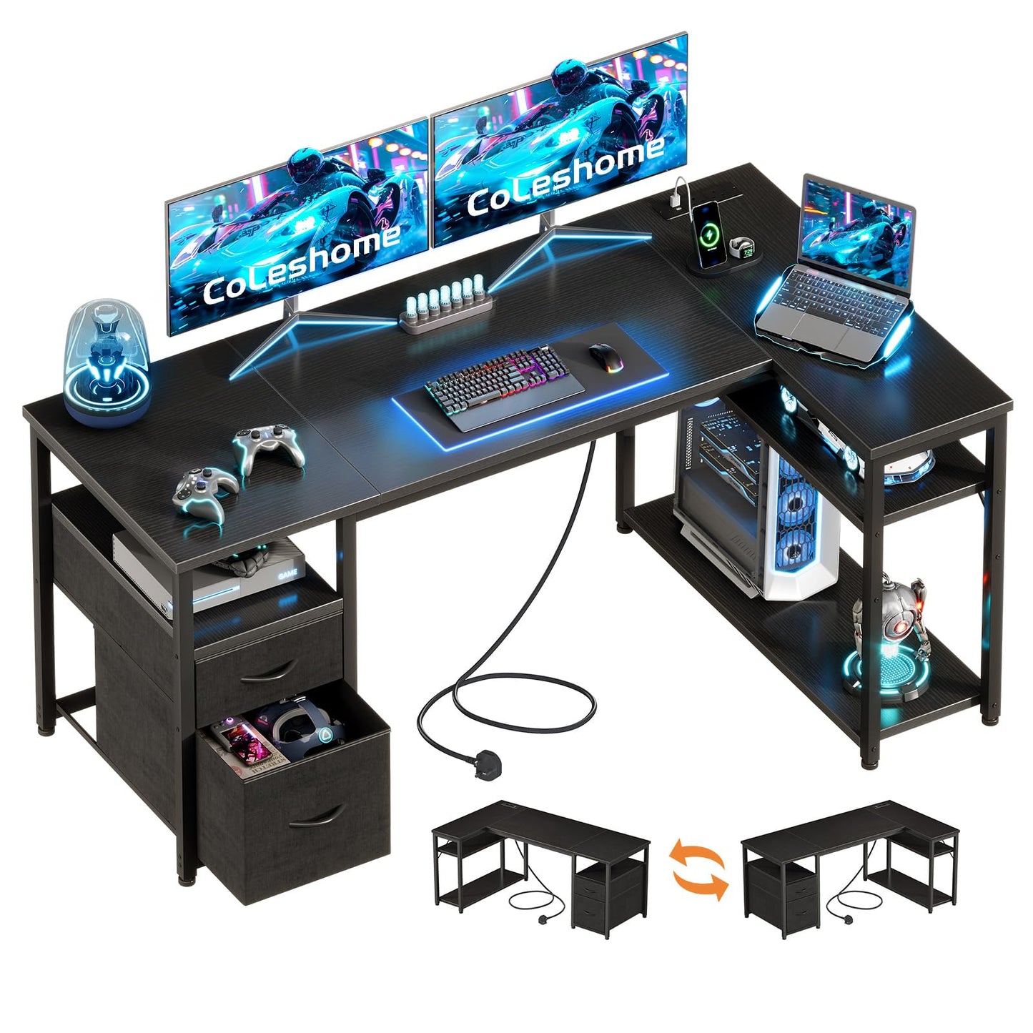 Coleshome Corner Computer Desk with Drawers and Shelves, 140×80 cm, Black