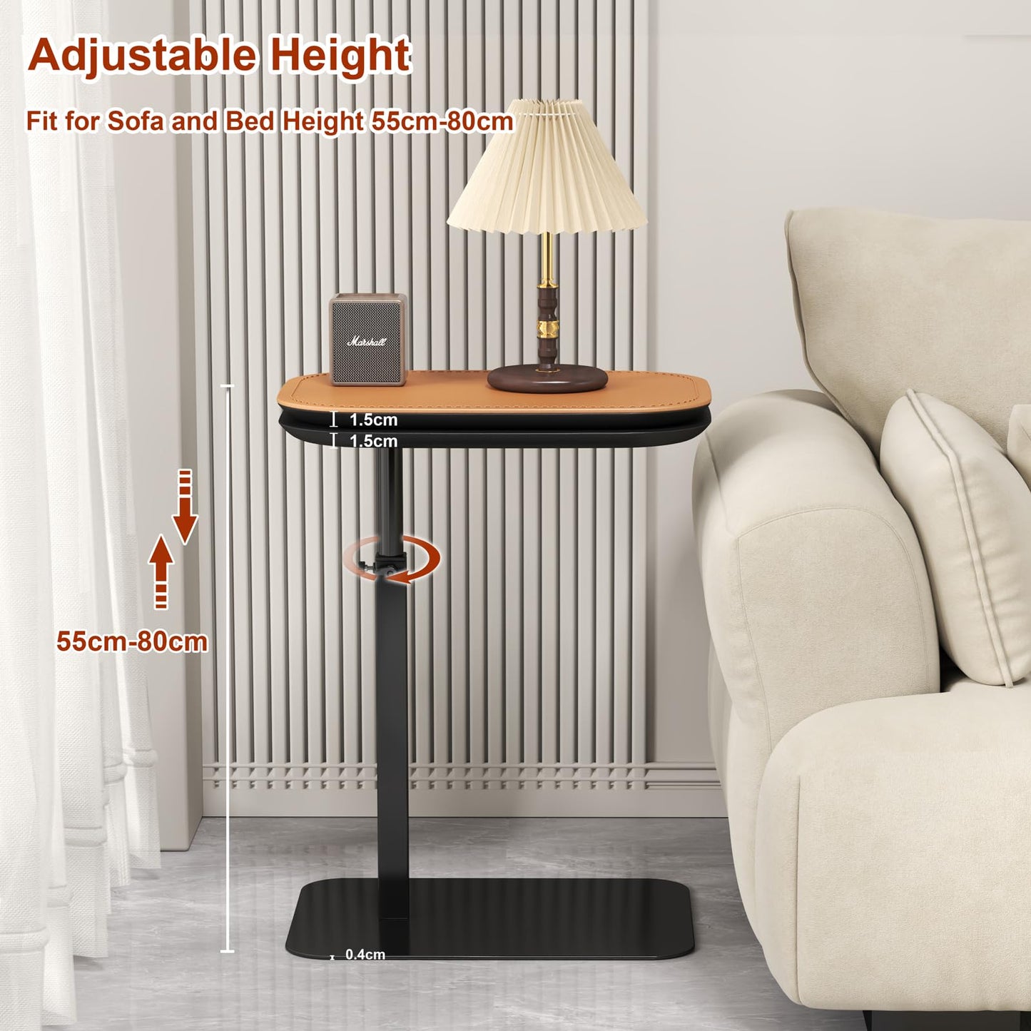 Adjustable Height C Shaped Side Table, 360°Swivel Bedside Table, Double Tabletop Laptop TV Tray Table Narrow End Table for Sofa/Bed