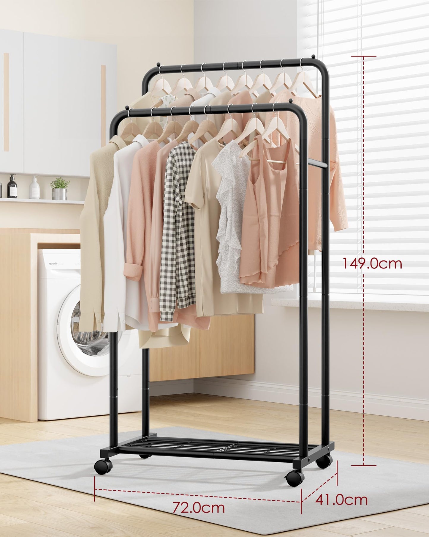 Sakugi Clothes Rail - Movable Clothes Rack with Bottom Shoes Shelf, Heavy-Duty Clothing Rail for Hanging Clothes, Coats, Dresses, Clothes Rail for
