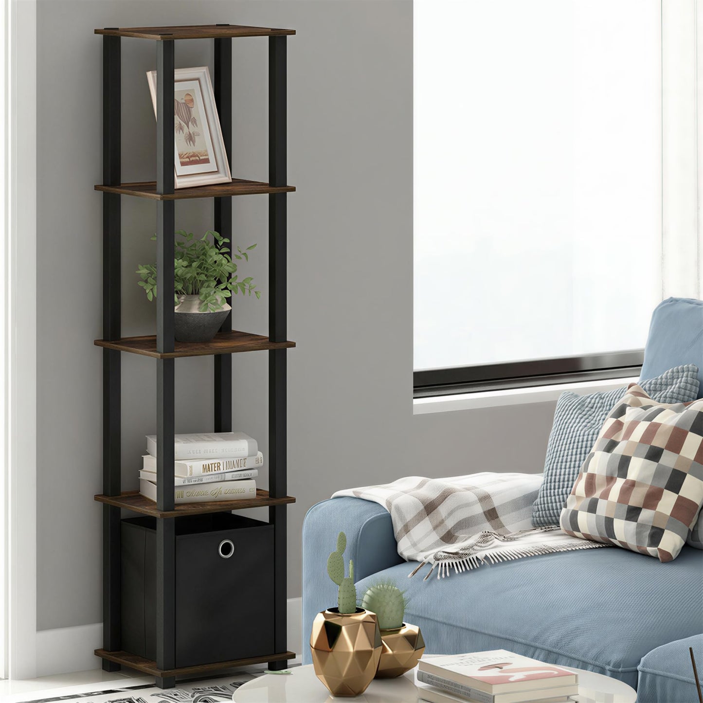 Furinno TURN-N-TUBE Book Shelf, 5-Tier Square Open Frame Display Shelf, Corner Storage Shelves with Storage Bin, Shelving Unit, for Organization