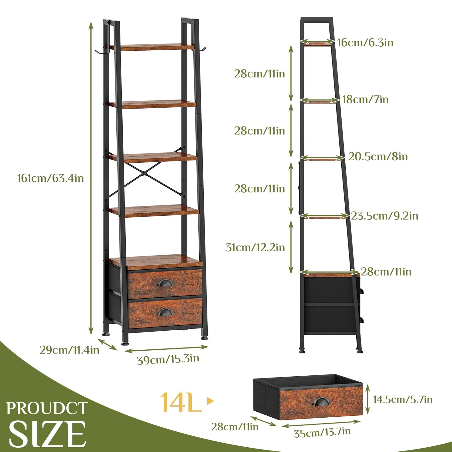 Wooruy 5 Tier Narrow Bookshelf with 2 Fabric Drawers Corner Ladder Shelf
