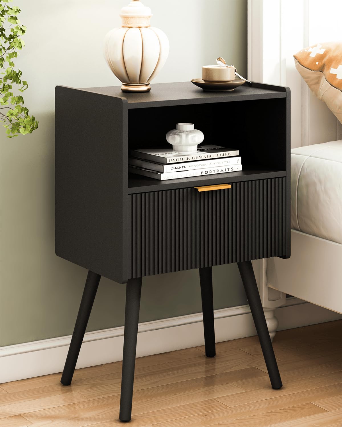 JERX Modern Bedside Table with Storage Drawer and Open Wood Shelf Nightstand for Living Room, Bedroom and Small Spaces