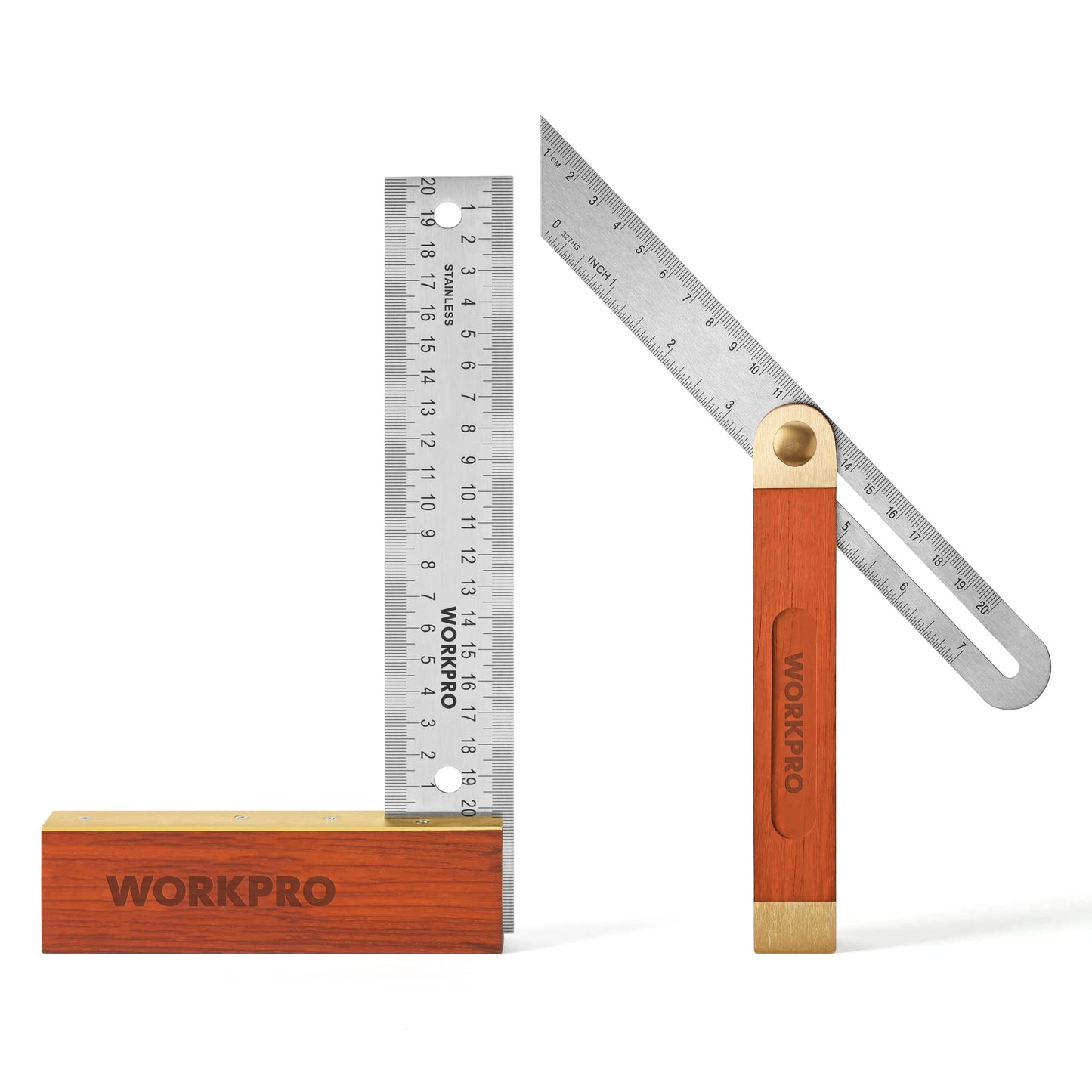 WORKPRO Carpentry Squares Set 2-Piece, Try Square 8-Inch/200mm, Adjustable Sliding Bevel 9-Inch/230mm, Hardwood Handle Stainless Steel Blade for