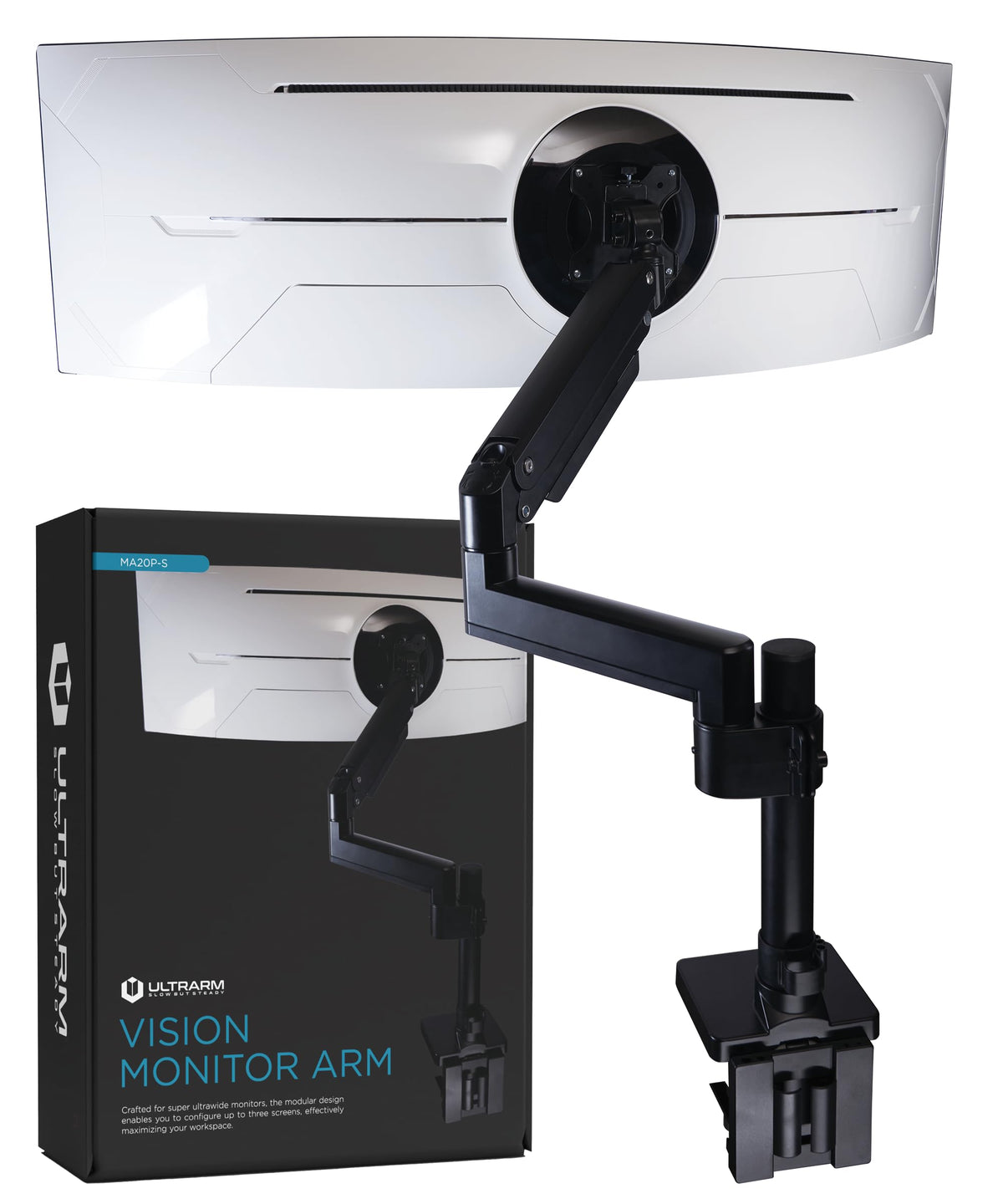 ULTRARM Heavy Duty Monitor Arm for Ultrawide Monitors up to 57" and 44 lbs, Single Desk Stand, Pneumatic Height Adjustable, Modular Extension Arms -