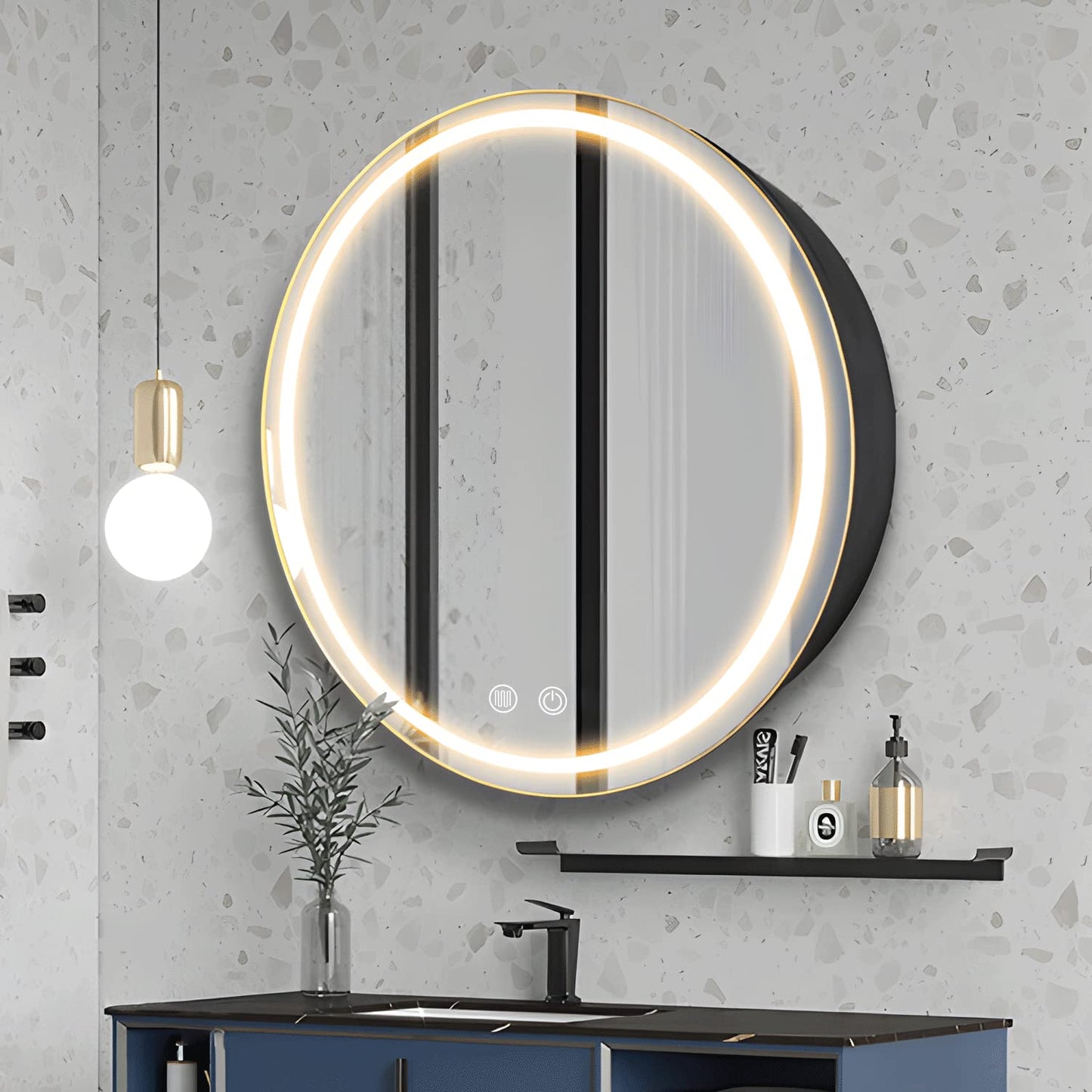 Janboe 66cm Round Mirror Cabinet with Lights,with Defogger,Dimmable,Anti-Fog,3 Colors,Black