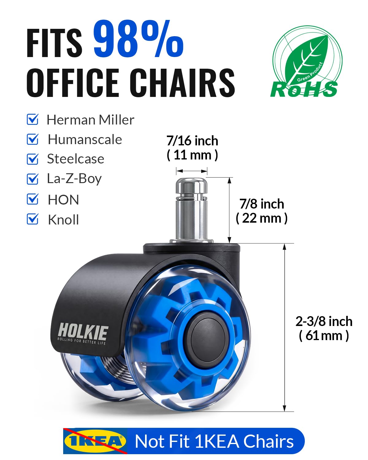 HOLKIE Office Chair Wheels 11x22mm Universal Fit 2 Inch Castors Replacement, Blue Core Dual Rubber Smooth & Silent Chair Casters Wheels-Set of 5 For