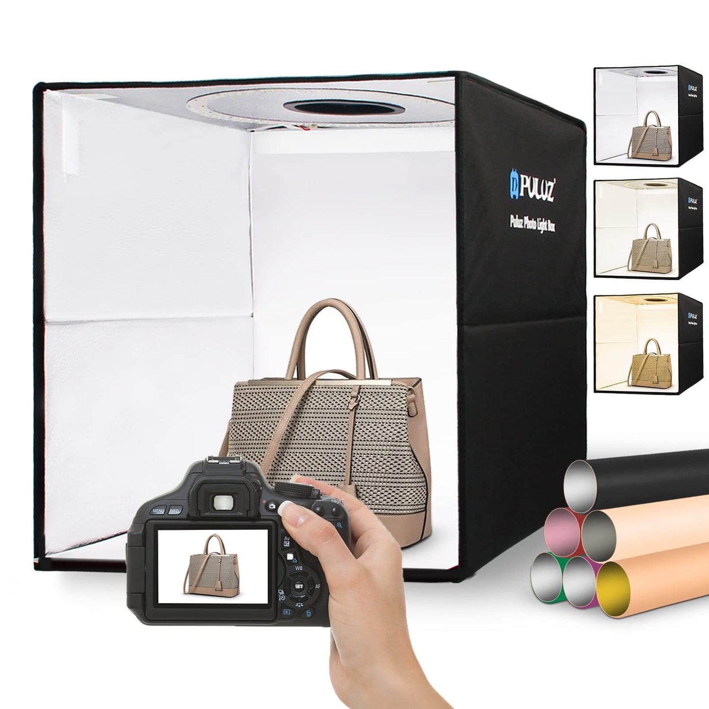 PULUZ Photo Studio Light Box 40cm, 16"x16" Studio Box, Dimmable Light Box Photography Kit with 3 Colors Temperatures 160 LEDs Lights 6500k & USB &12