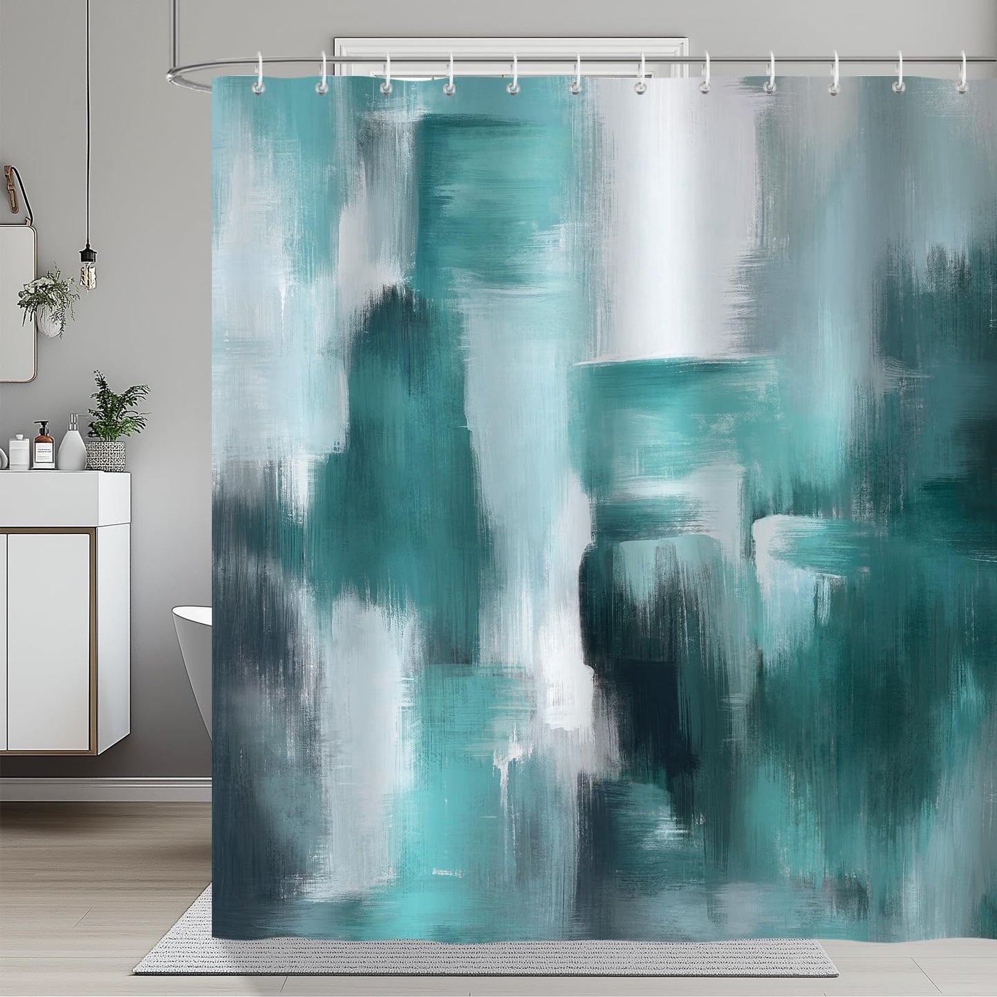 COZZSNUGE Teal Abstract Shower Curtain, Modern Geometric Turquoise Green Bathroom Curtain 183 x 183 cm, Water Repellent Mildew Resistant Polyester