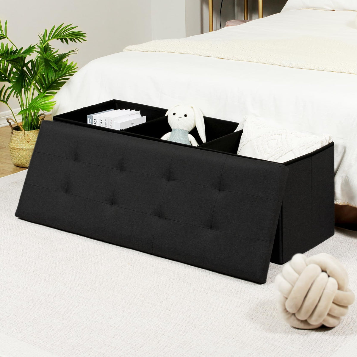 Bonlife 110cm Extra Large Ottoman Storage Box with Lid,Black Folding Toy Chest Boxes Bedroom End of Bed Storage Bench Footstools for Living Room