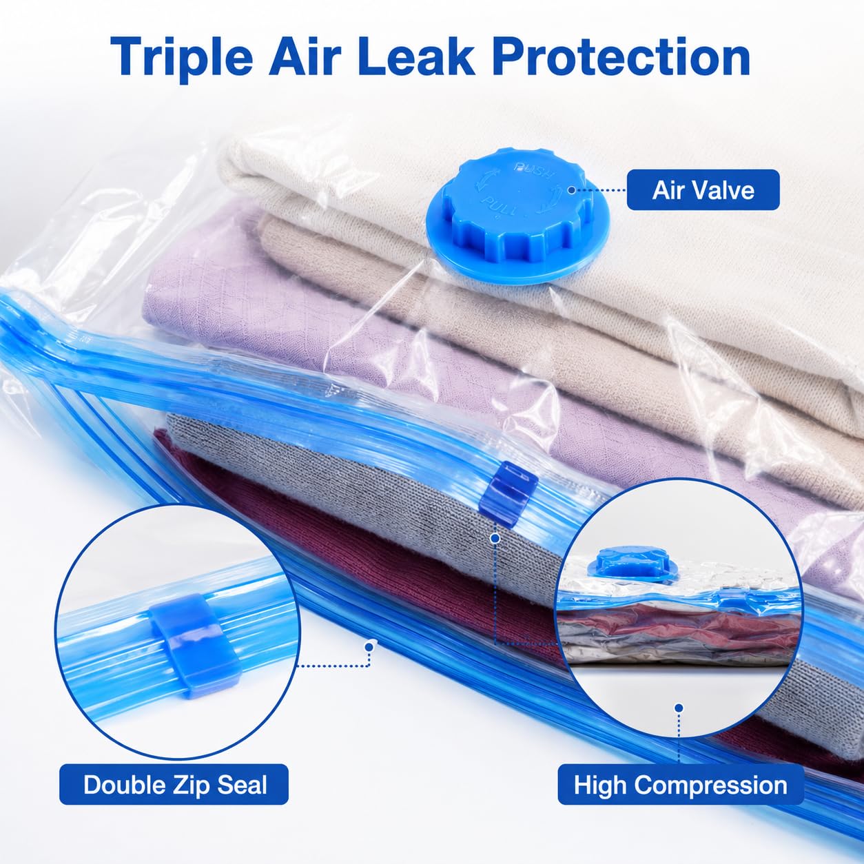 1ABOVE Pack of 6 Vacuum Compressed Storage Bags, Mould Moisture and Bug Proof, Double Zip High Sealing Triple Air Leak Patent Valve for Maximum