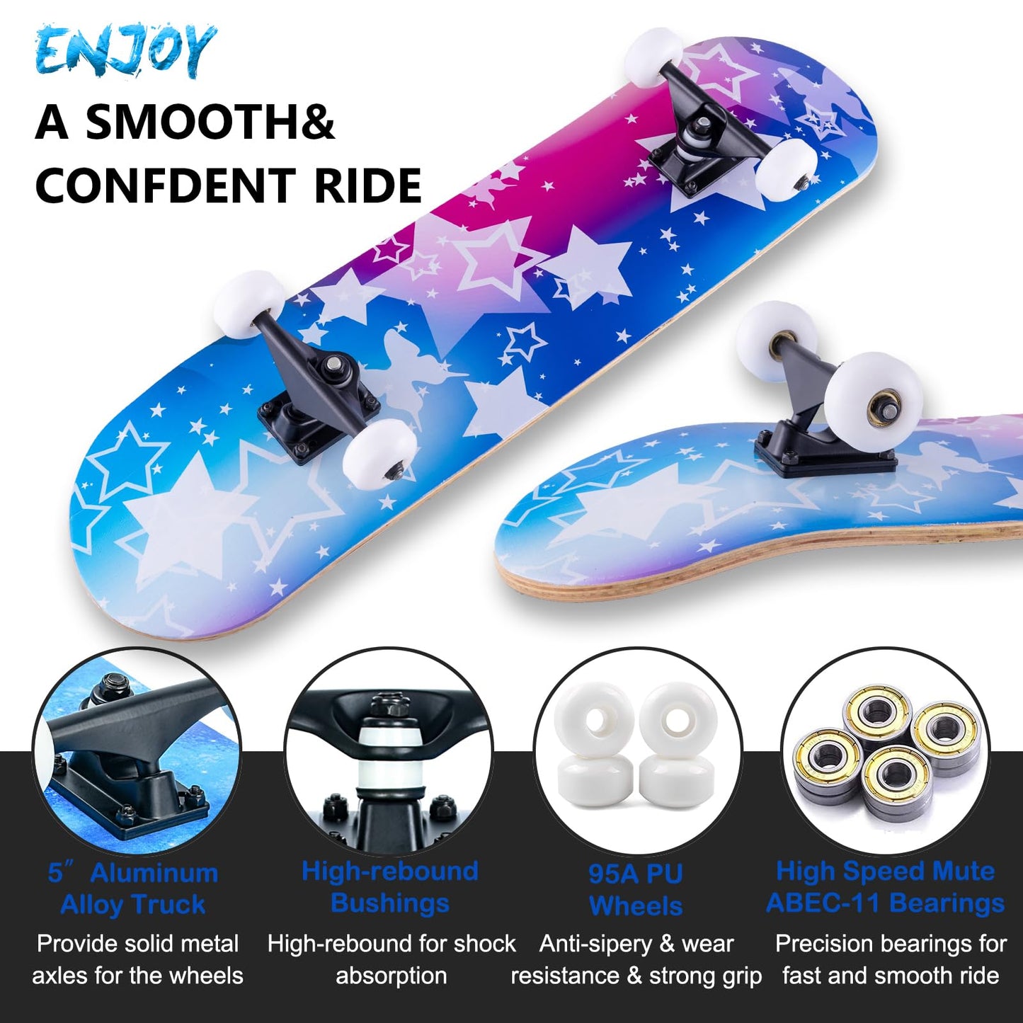 Skateboard,31 x 8 Inch Complete Skateboard, 8-Layer Maple Wood Deck Double Kick Standard Skateboards for Kids, Teens, Adult, Beginner (Dream)