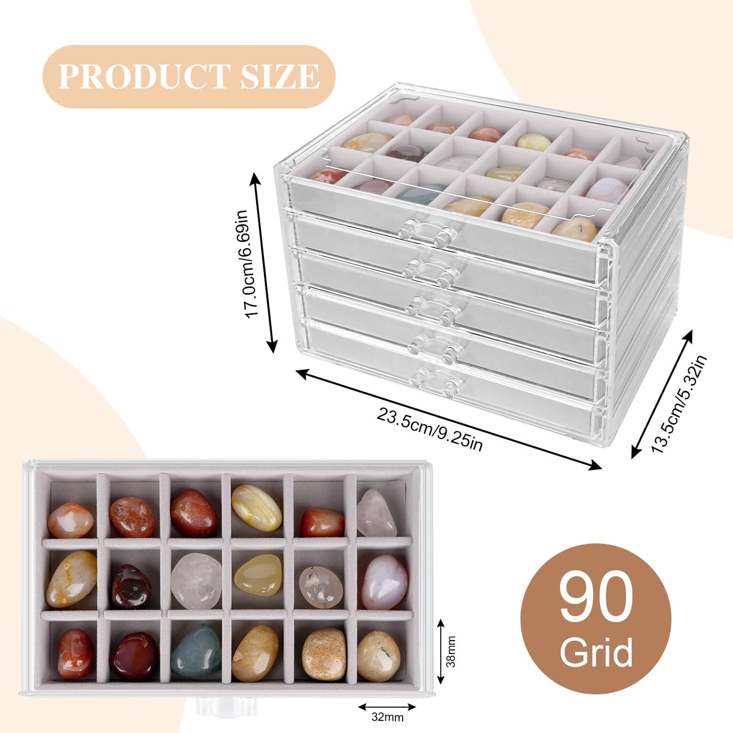 YUEONEWIN Rock Display Boxes for Collectables,90 Grid Rock Collection Display Case