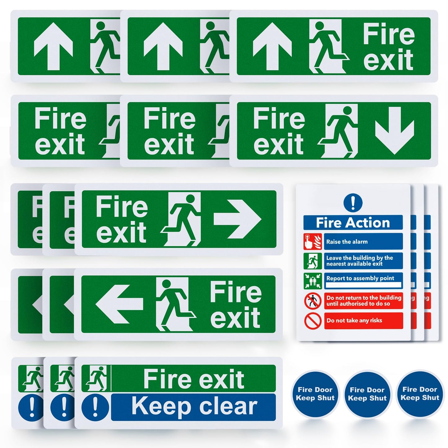 21pcs Premium Fire Exit Sign Kit (Right, Left, Up, Down Arrow) - Fire Action Notice Sign, Keep Clear, Door Keep Shut, Self Adhesive Vinyl Sticker EN