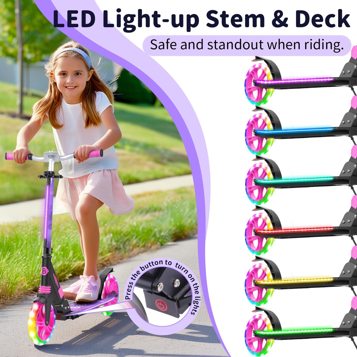 BELEEV V8 Scooters for Kids Ages 6+ with Light-Up Wheel & Stem & Deck, 2 Wheel Folding Scooter for Adults Teens, 4 Adjustable Height, Lightweight