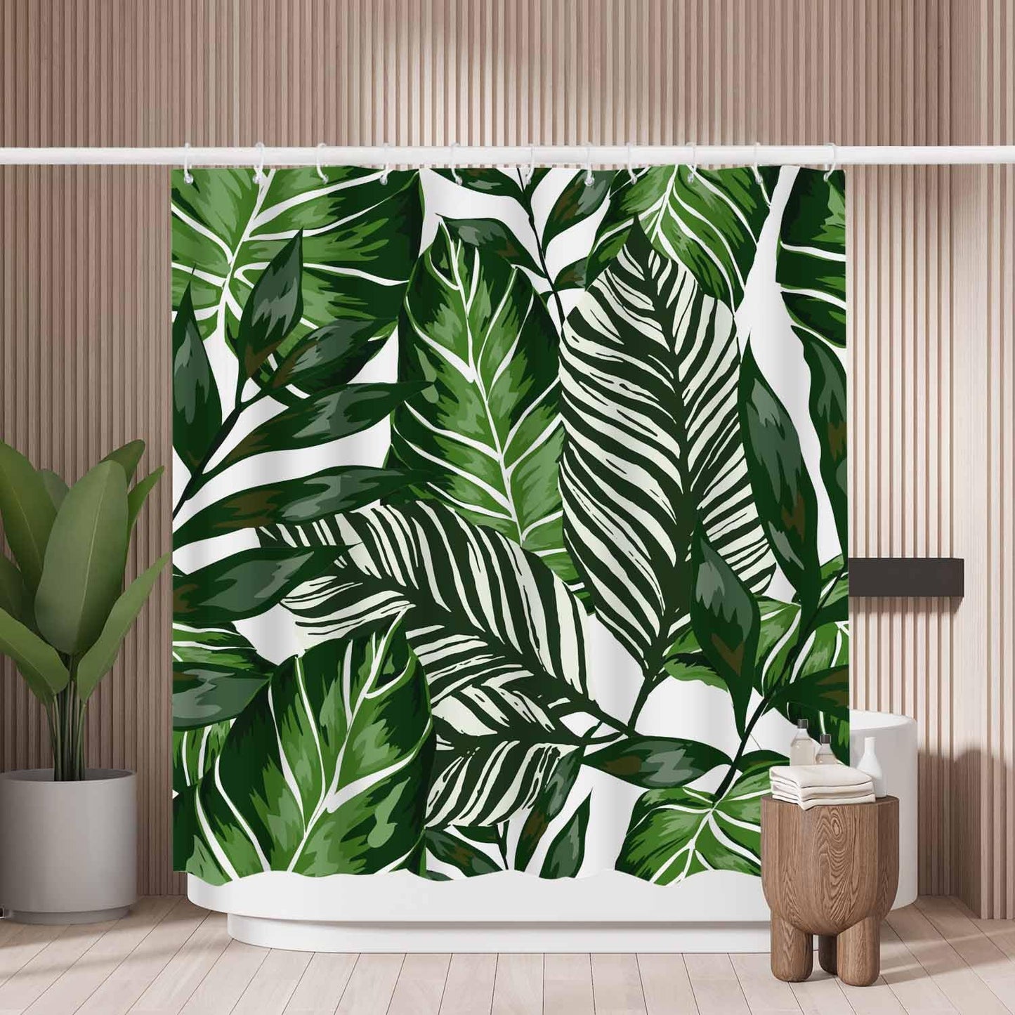 Woutay Shower Curtain Mould Proof Resistant Tropical Palm Leaves,Water Repellant Fabric,Polyester,with 12 Plastic Hooks