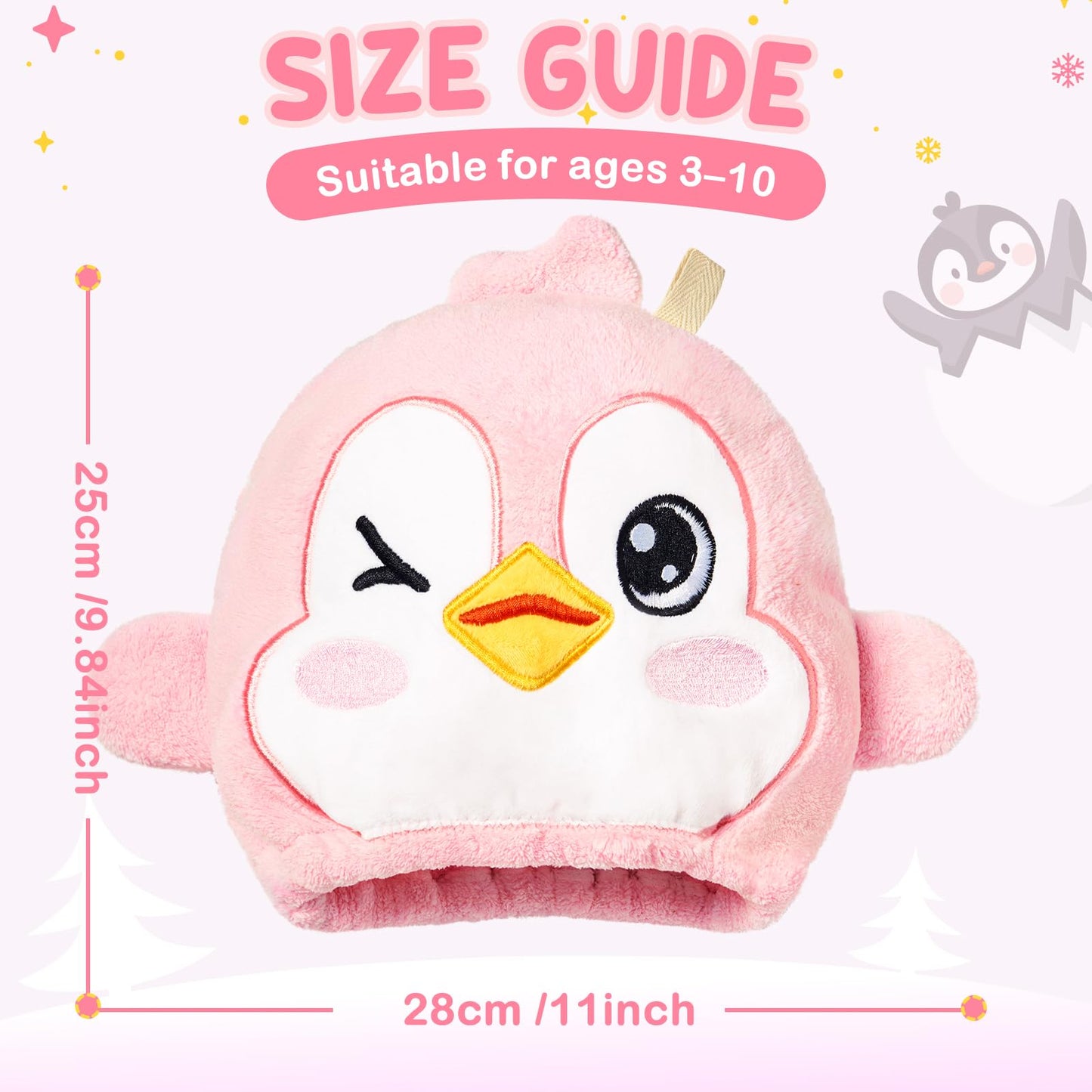 WAWSAM Kids Hair Towel Wrap Penguin, Microfibre Hair Turban Towel for Girls Boys, Fast Drying Hair Wrap with Button