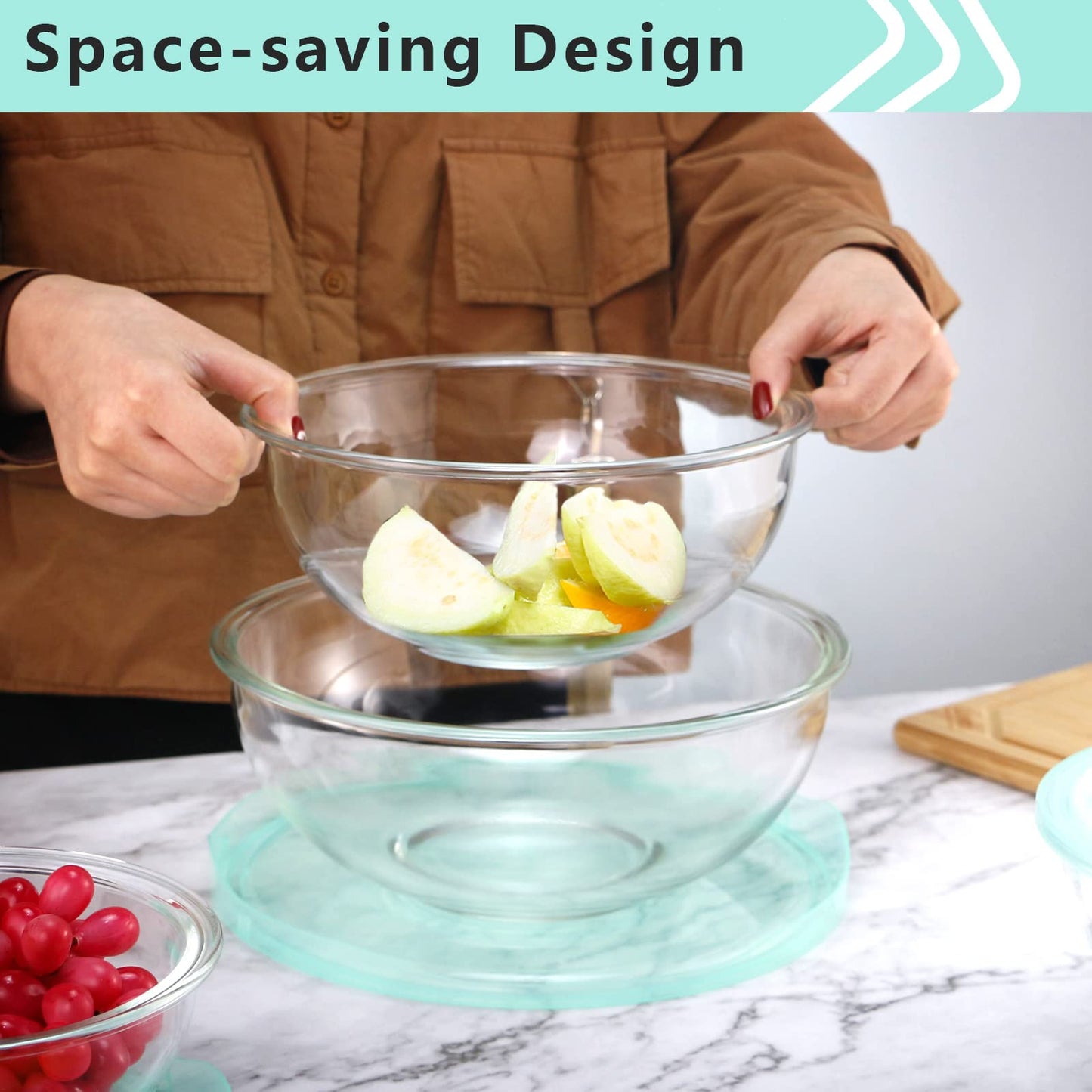 WhiteRhino Glass Mixing Bowl Set, Large Salad Bowl with Lids Kitchen Nesting Bowls for Baking Cooking,Prep, BPA Free Plastic Lids,Food Grade