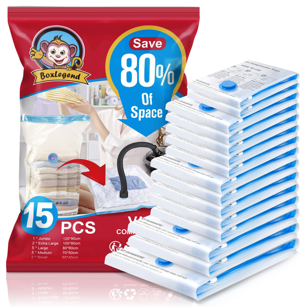 BoxLegend Vacuum Storage Bags 15 Pack Space Saving Bags Thicker Type 80mm 1XXL + 2XL+ 5L + 5M + 2S Double Zip Seal & Leak Valve Reusable for Clothes