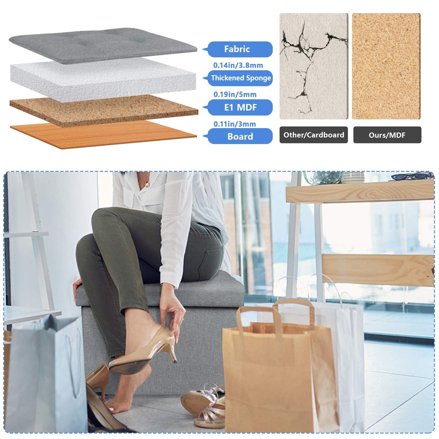 BRIAN & DANY Folding Ottoman Storage Box with Wood Legs, Linen Foot Stool, Footstool with Storage, Highly Elastic Sponge Filling, Gray, 38 x 38 x 38