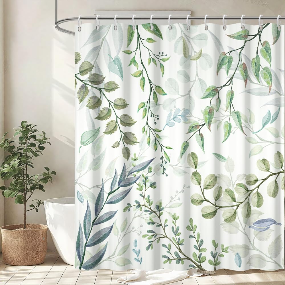 Uiiooazy Eucalyptus Shower Curtain, Green Blue Leaves Pattern Bath Curtain Mildew and Mould Resistant Waterproof Polyester Fabric Washable Opaque