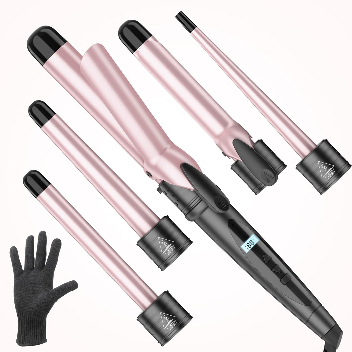 Curling Wand Curling Tongs - New Upgraded 5 in 1 Hair Curler with LCD Display and 5 Interchangeable Ceramic Barrel, Curling Iron Set for Long/Short