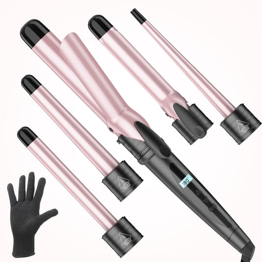Curling Wand Curling Tongs - New Upgraded 5 in 1 Hair Curler with LCD Display and 5 Interchangeable Ceramic Barrel, Curling Iron Set for Long/Short