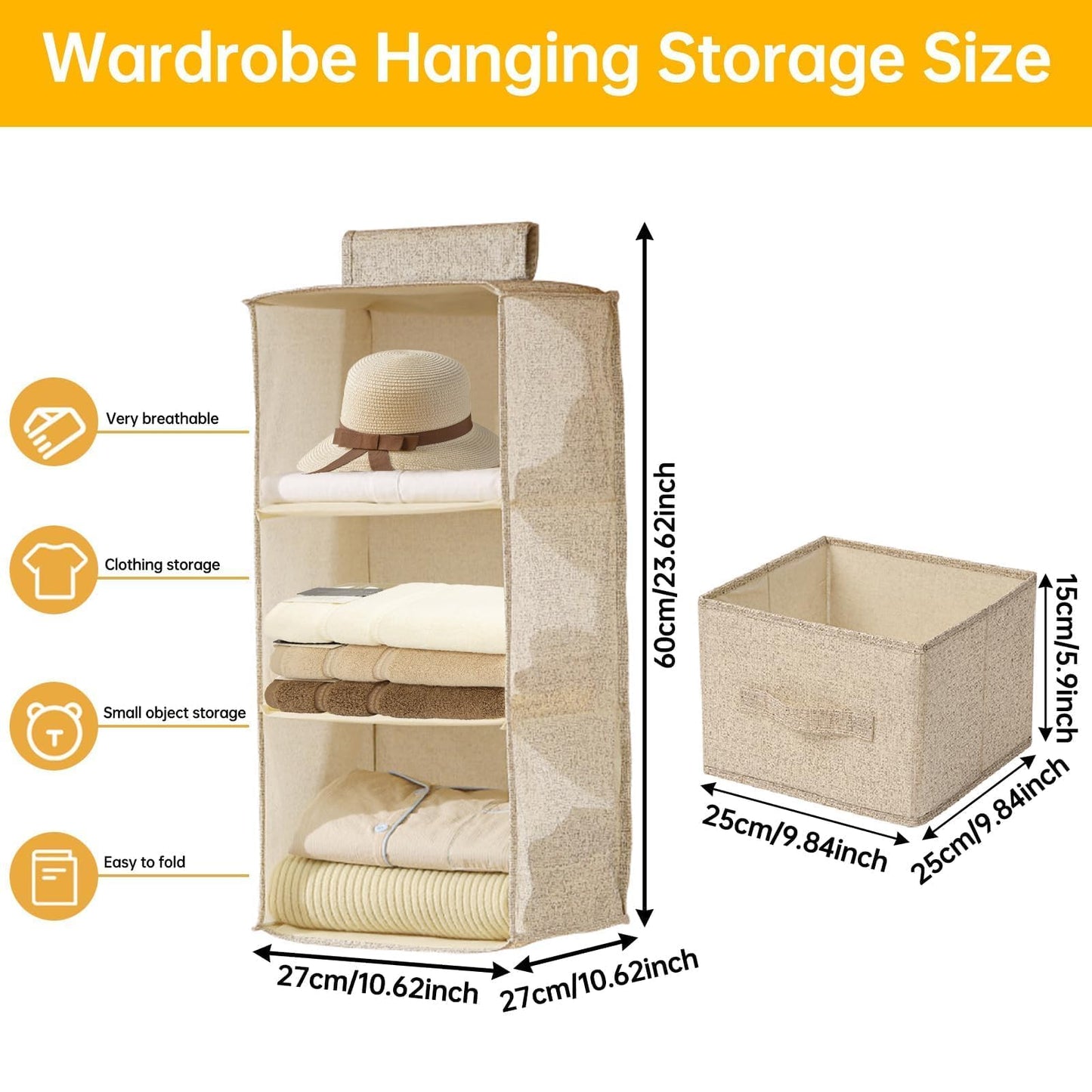 FALSKT Hanging Storage with 3 Shelves and Removable Drawer Fabric Hanging Shelves Foldable Hanging Wardrobe Organiser Wardrobe Storage Organiser for