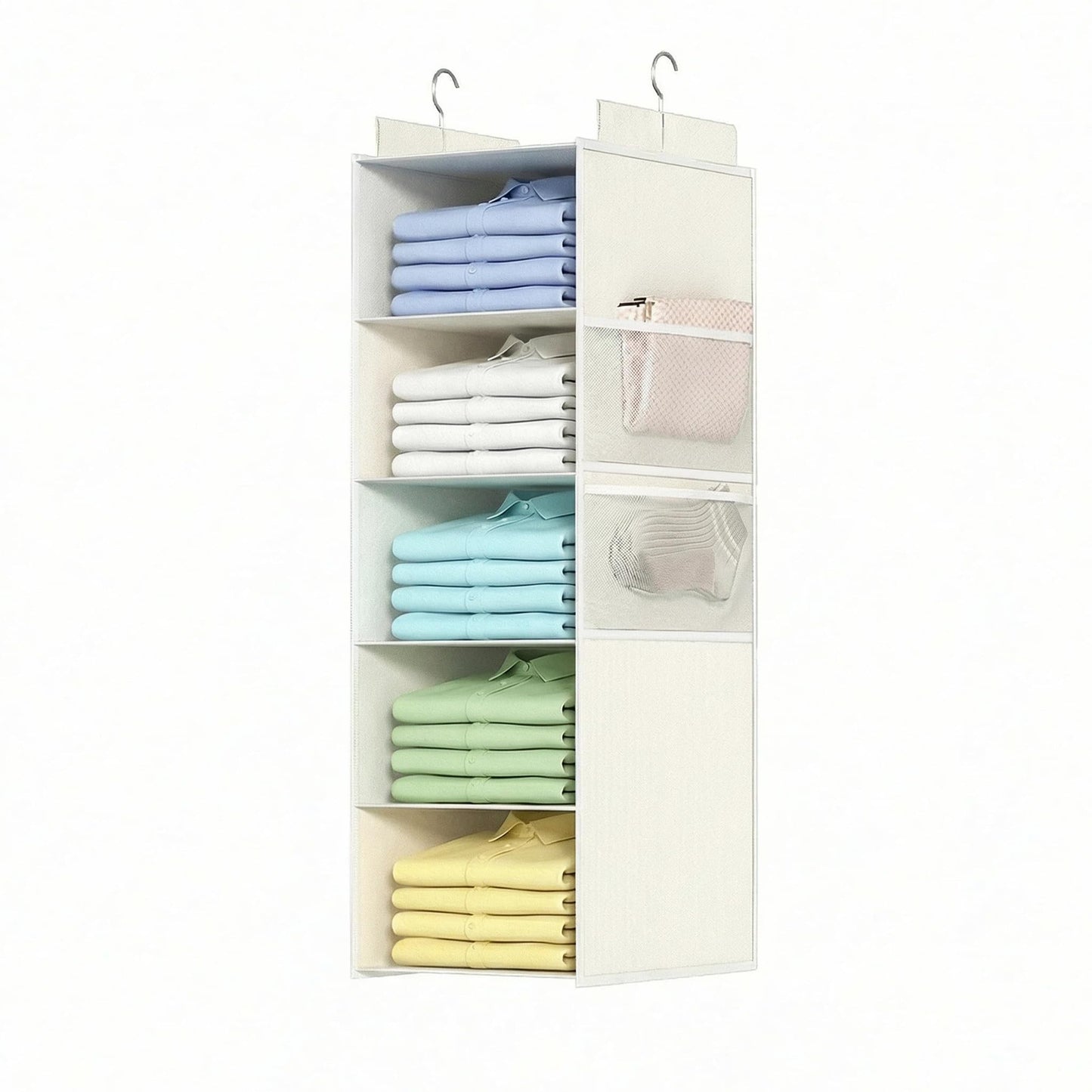 ALLTIDYUP Extra Deep Hanging Wardrobe Organizer – 5-Shelf Closet Storage with Large Mesh Pockets, Heavy-Duty Clothes Organizer, Perfect for Dorms