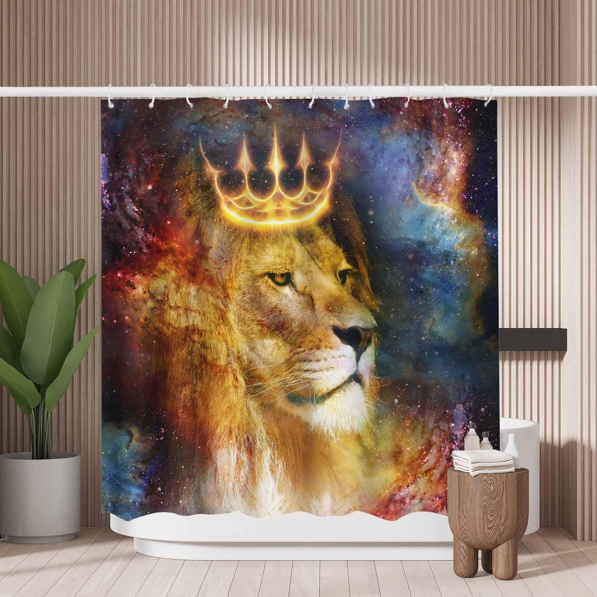 Woutay Shower Curtain Mould Proof Resistant Lion in Cosmic Space,Water Repellant Fabric,Polyester,Size 180x180CM