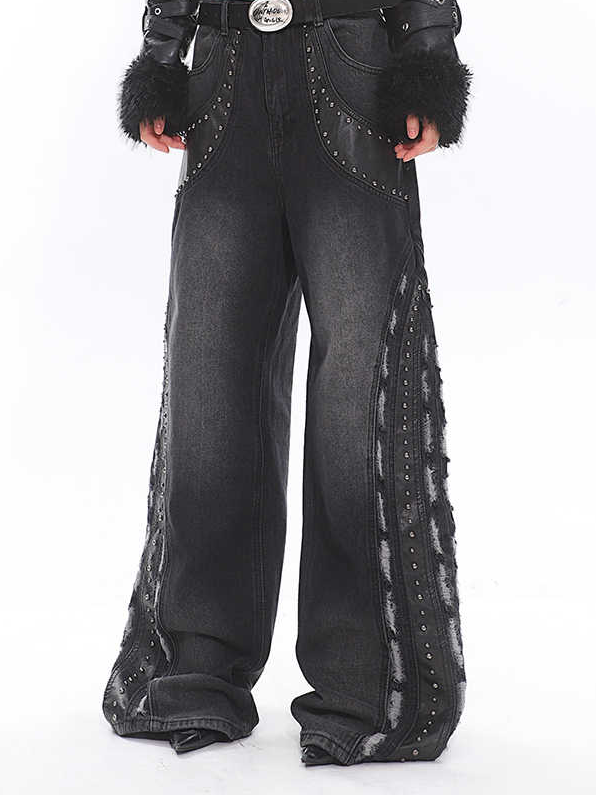 Deconstructed Leather Patchwork Jeans – Retro Washed Wide Leg