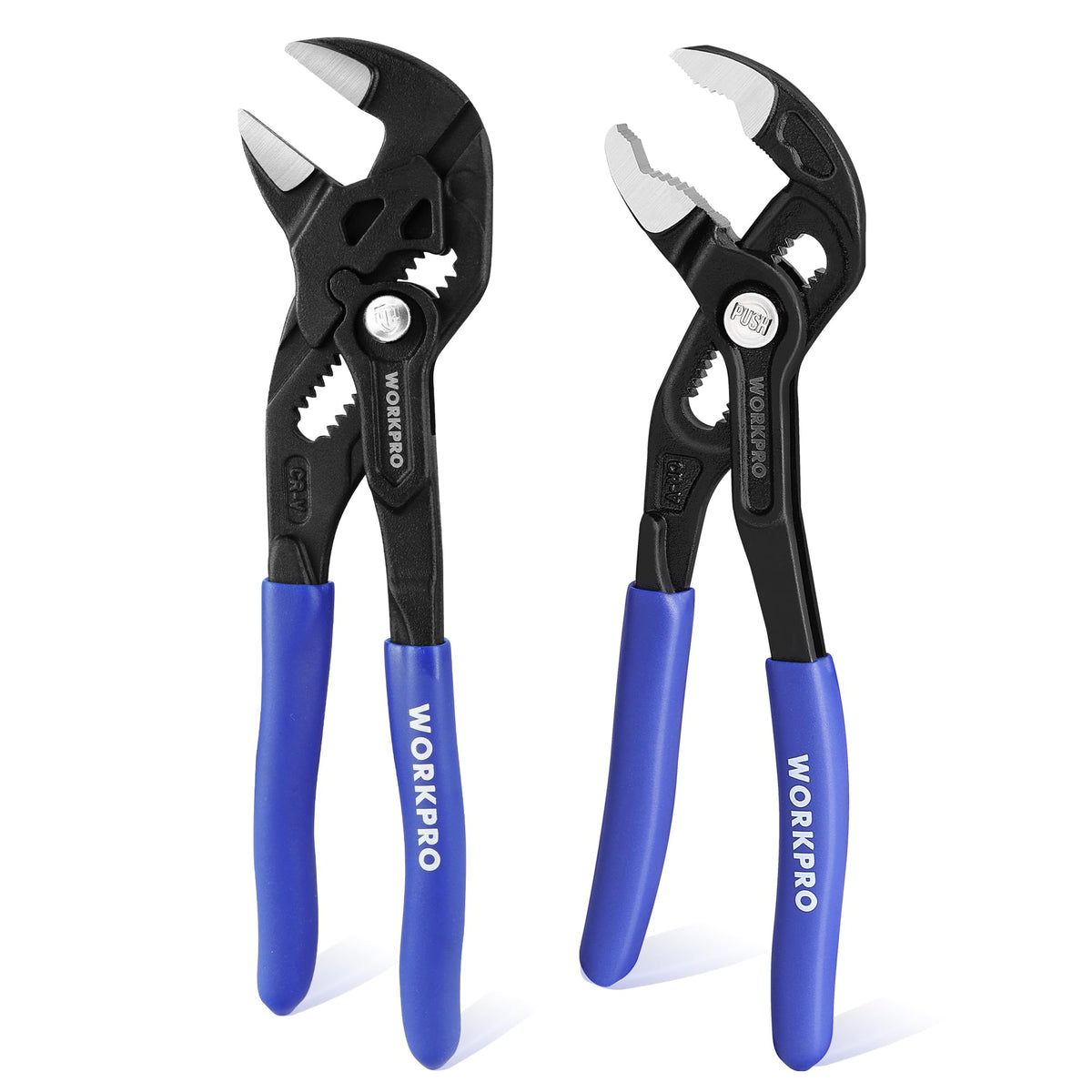 WORKPRO 2-Pack 180mm Water Pump Pliers & Adjustable Plumbers Wrench Set, 42mm & 40mm Wide Opening Groove Joint Plier Set, V-Jaw Quick Adjustable