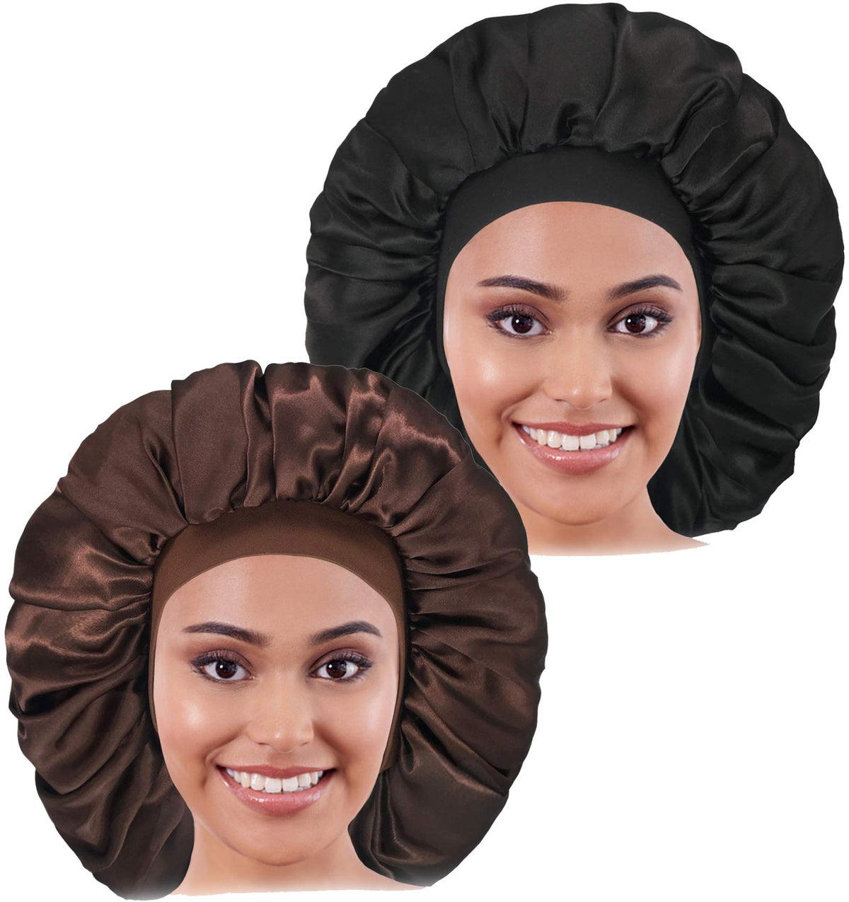 CACASO 2PCS Large Satin Sleep Cap, Raibaubl Silk Bonnet with Elastic Soft Band, Jumbo Cap for Braids, Natural Long, Curly Hair (Black+Brown)