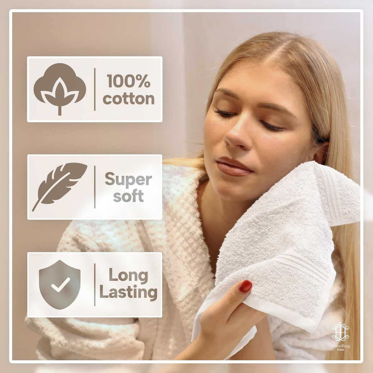 HomeBurg Luxe 12-Piece Washcloth Set - 100% Cotton, Soft & Absorbent, Easy Care, Premium Towels for Face & Daily Use, 30 x 30 cm, White