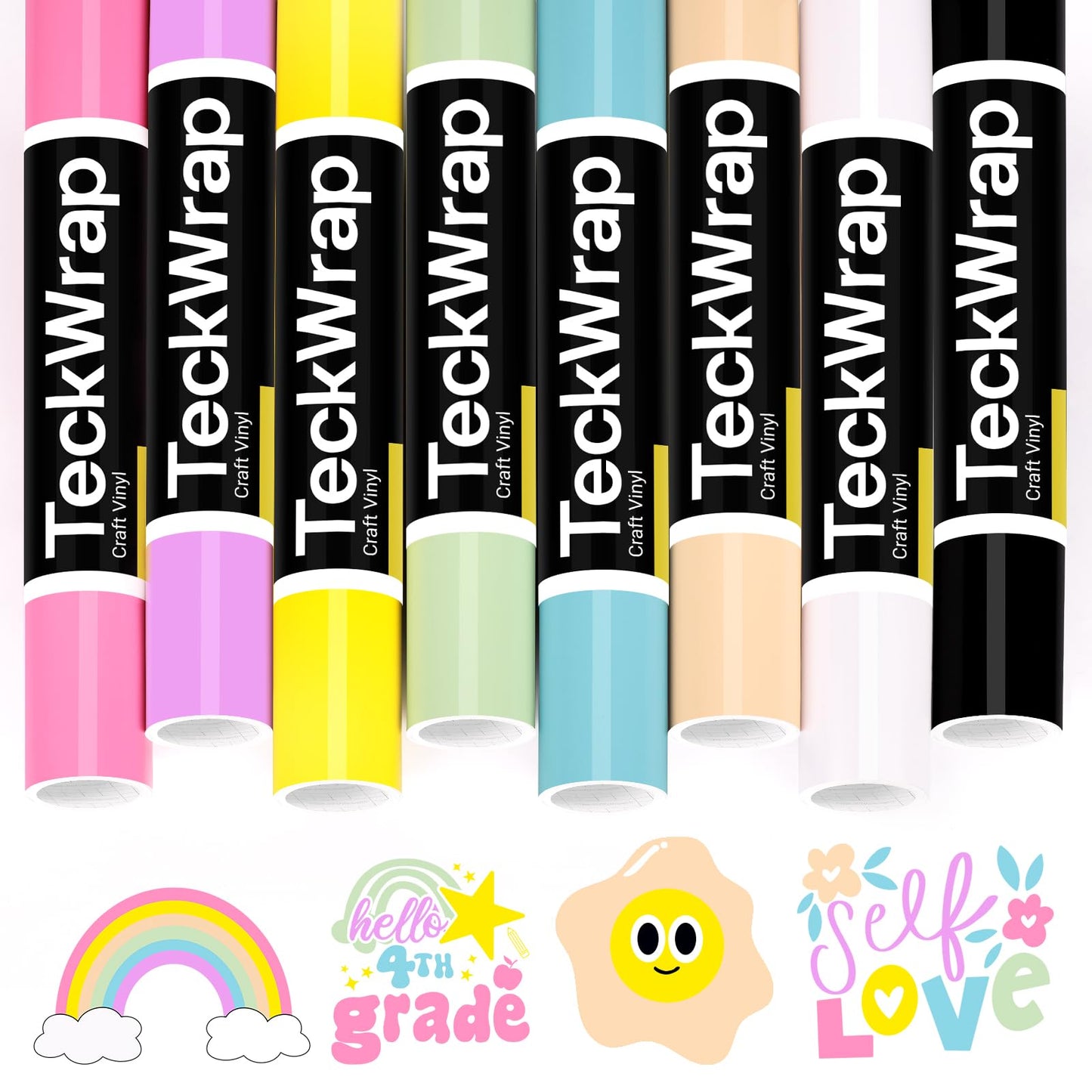 TECKWRAP Pastel Permanent Vinyl Bundle 12''x3ft/Roll Glossy Adhesive Vinyl Pack 8 Boho Colour Permanent Vinyl for Mug, Cup, Window & Home Deco,and