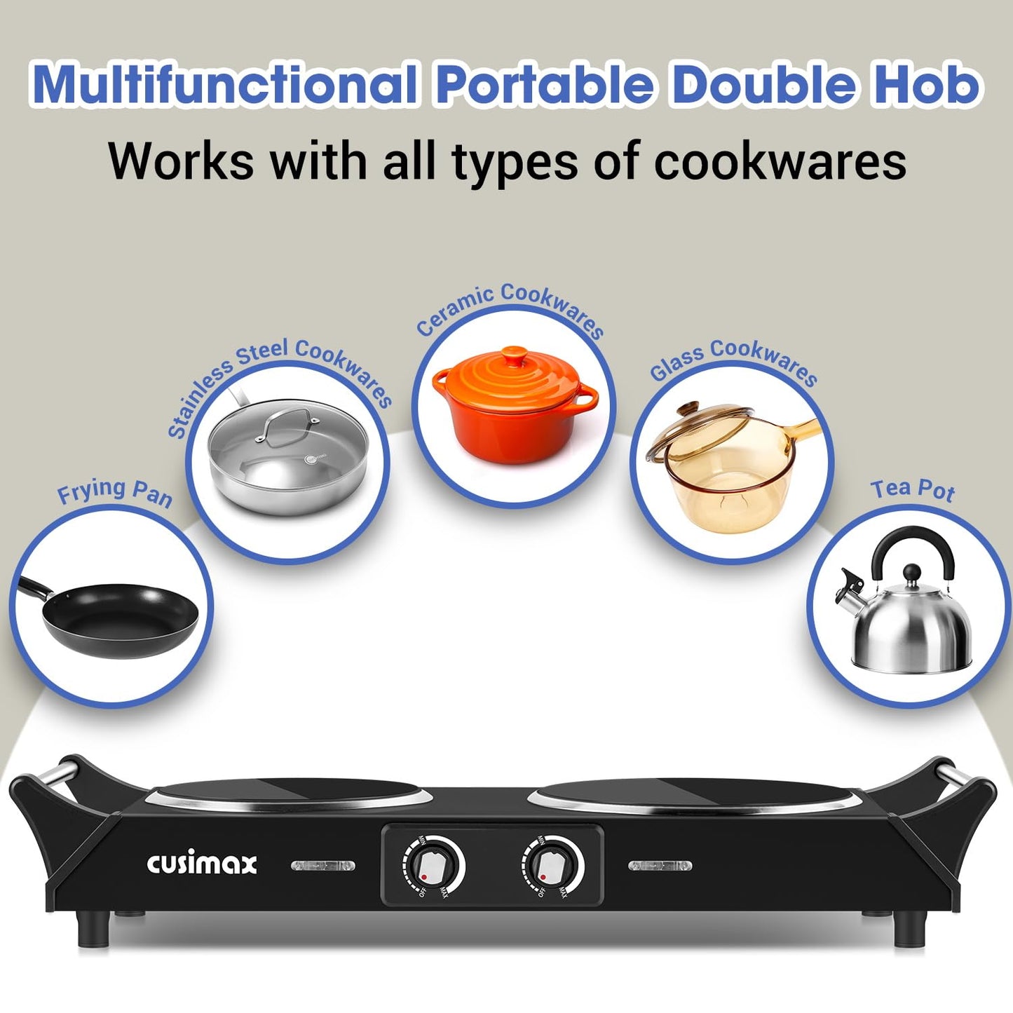 CUSIMAX Electric Hob, Hot Plates for cooking Portable Double Hob with Handles Infrared Cooktop & Dual Temperature Control, 2 Hob Rings (900W & 1200W)