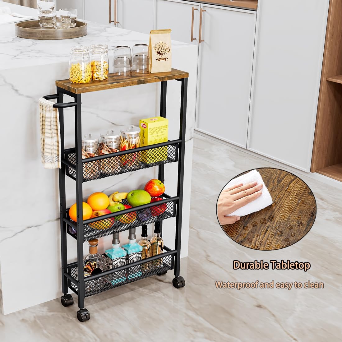 Dazioter Slim Rolling Cart 4 Tier Narrow Storage Cart on Wheels with MDF Board Top and Metal Handle for Small Space Kitchen Living Room Home Office