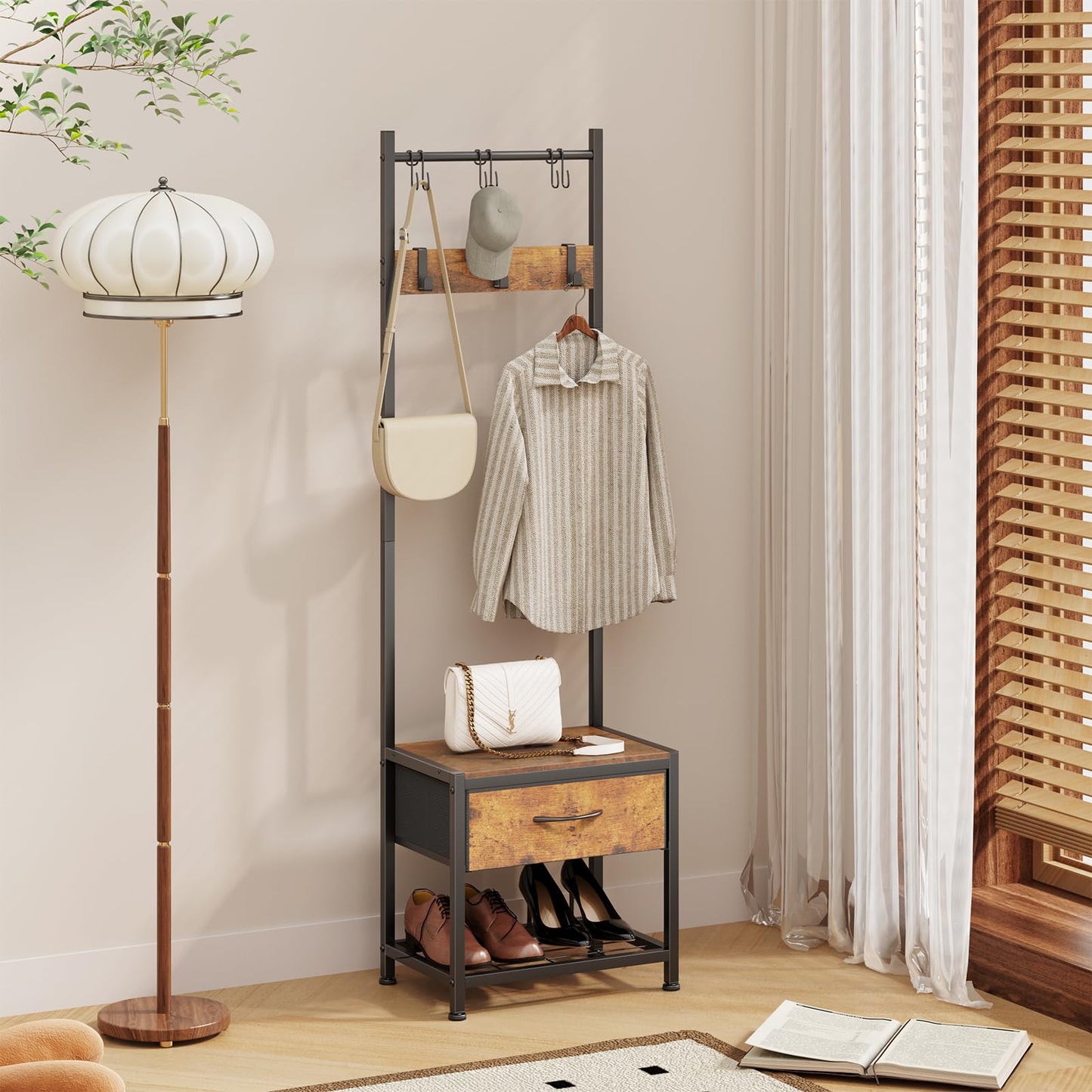 Narrow Coat Rack rustic Hall Tree 17.7"x12"x60.7" Rustic Brown