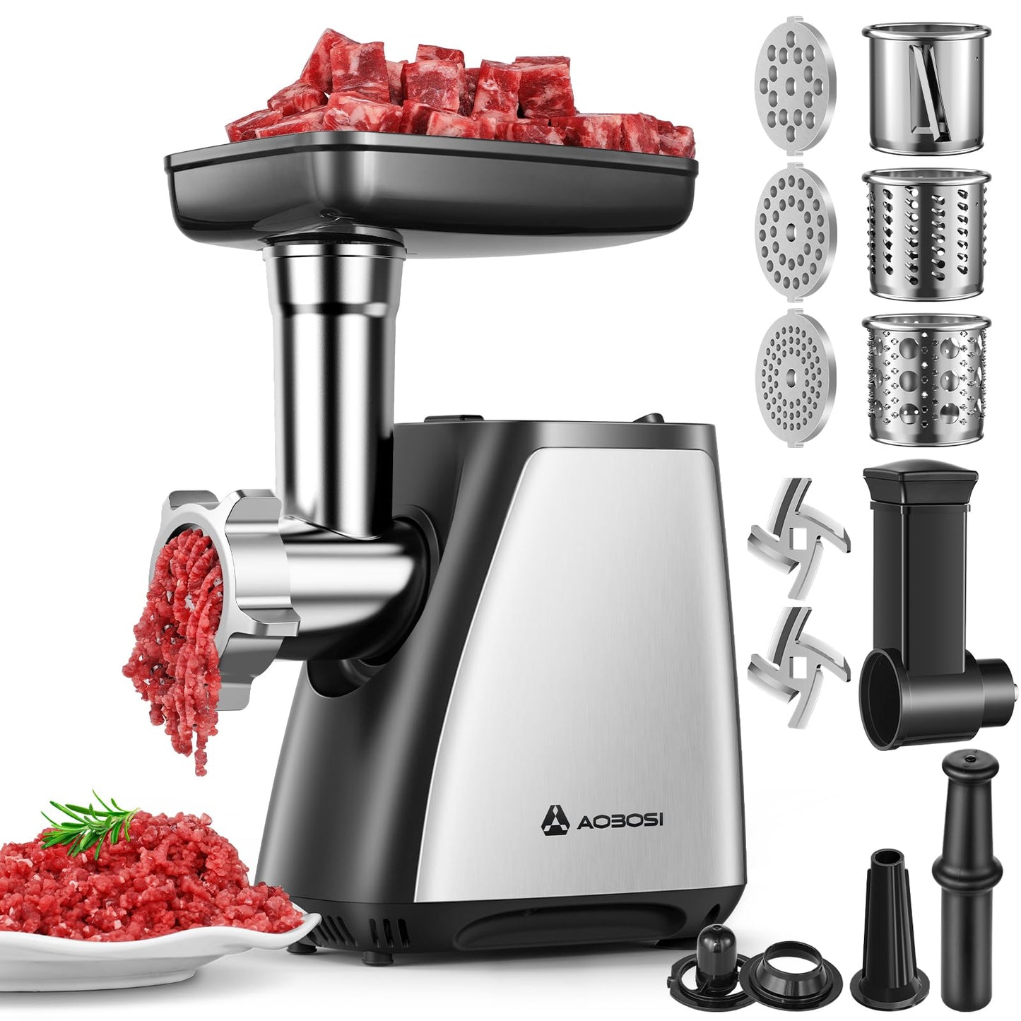 AAOBOSI Electric Meat Grinder, 4-in-1 Meat Mincer Machine [2800W Max] with 3 Slice, Shred Blades, 2 Blades, 3 Plates, Sausage Stuffer, Kubbe Kit, for
