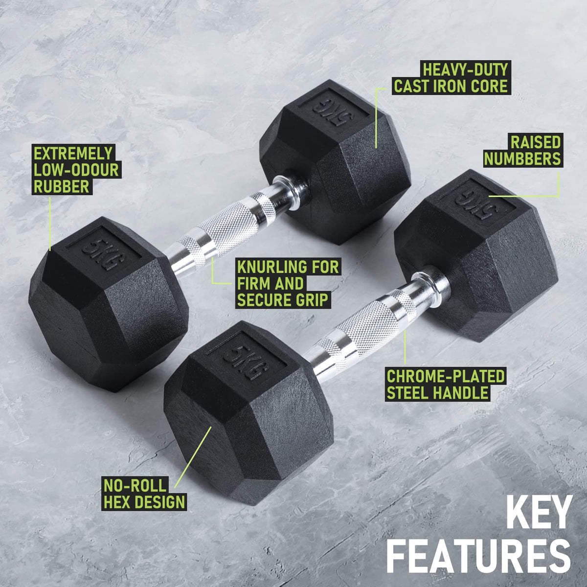 PhysKcal Hex Dumbbells 20kg Single, Odourless Poly Rubber Encased Dumbbells Set 2.5KG 5KG 7.5KG 10KG 12.5KG 15KG 20KG Home Gym Weights Set